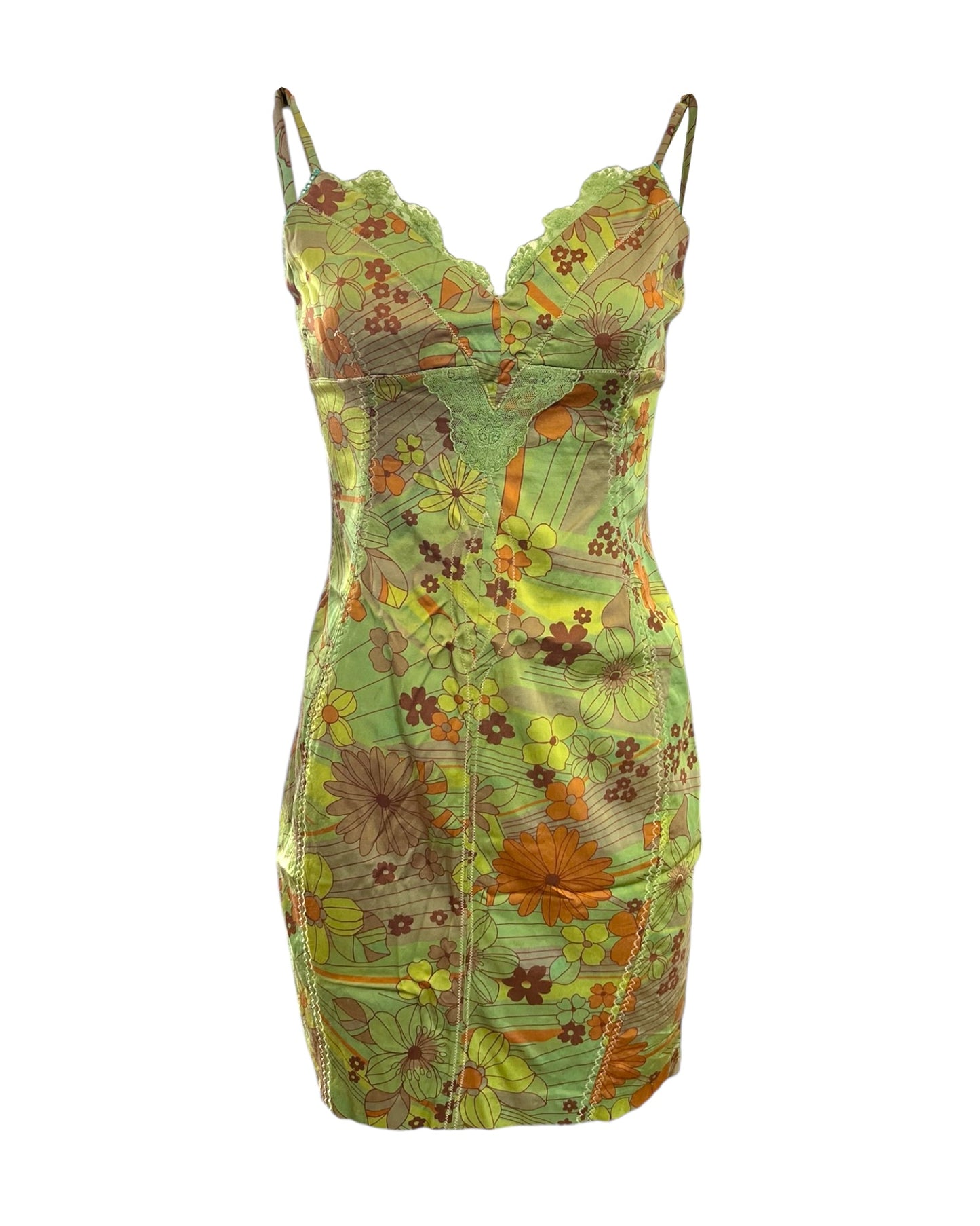 Vintage D&G Limited Edition Green Floral Slip Dress. Features orange flowers and lace trim.