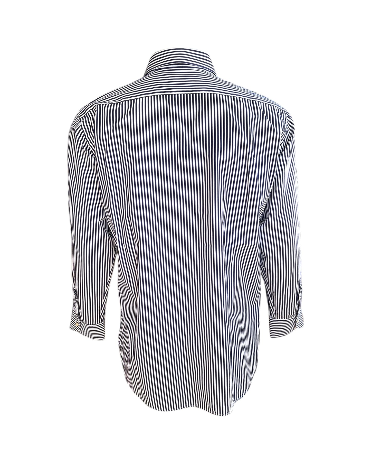 Vintager Etro White and Navy Stripe Button-Up Top