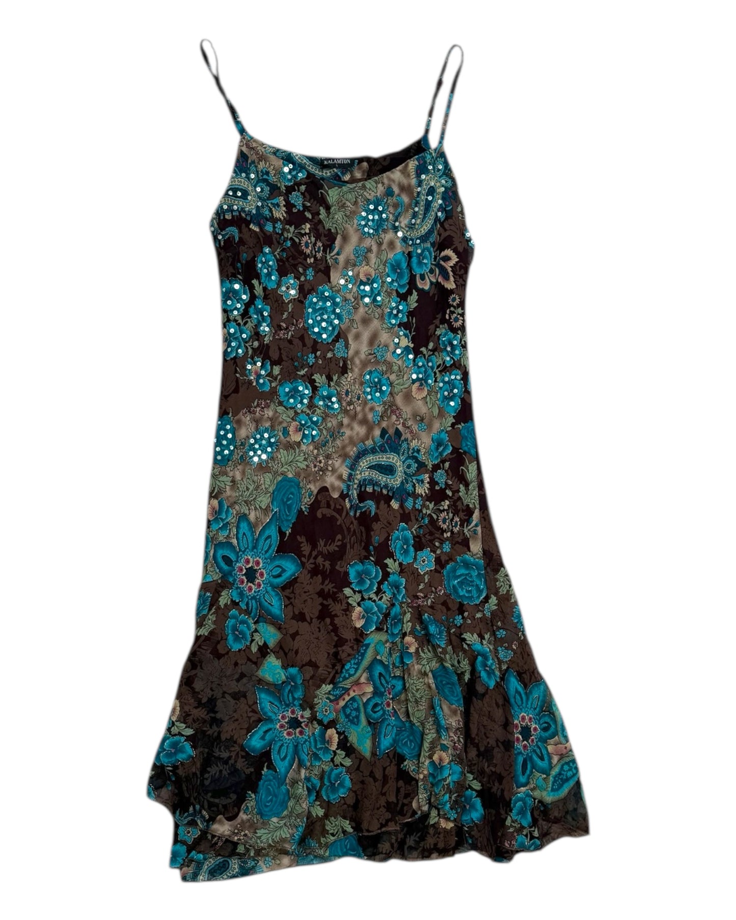 Vintage 2000s Turquoise and Brown Patterned Sequin Midi Dress