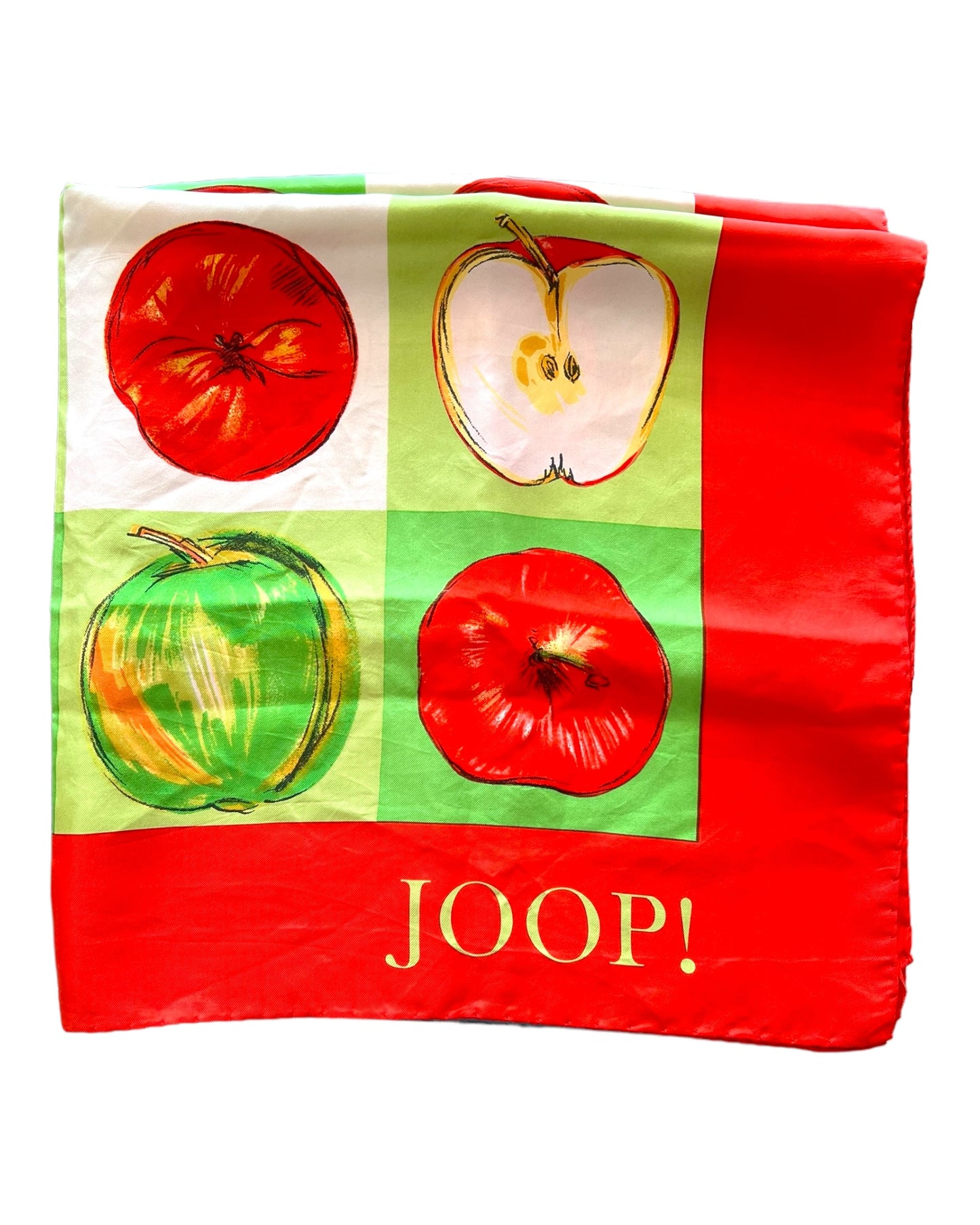 Vintage Joop! Red and Green Apple Silk Scarf. Scarf features a checkered apple motif, text reads "All about Eve"