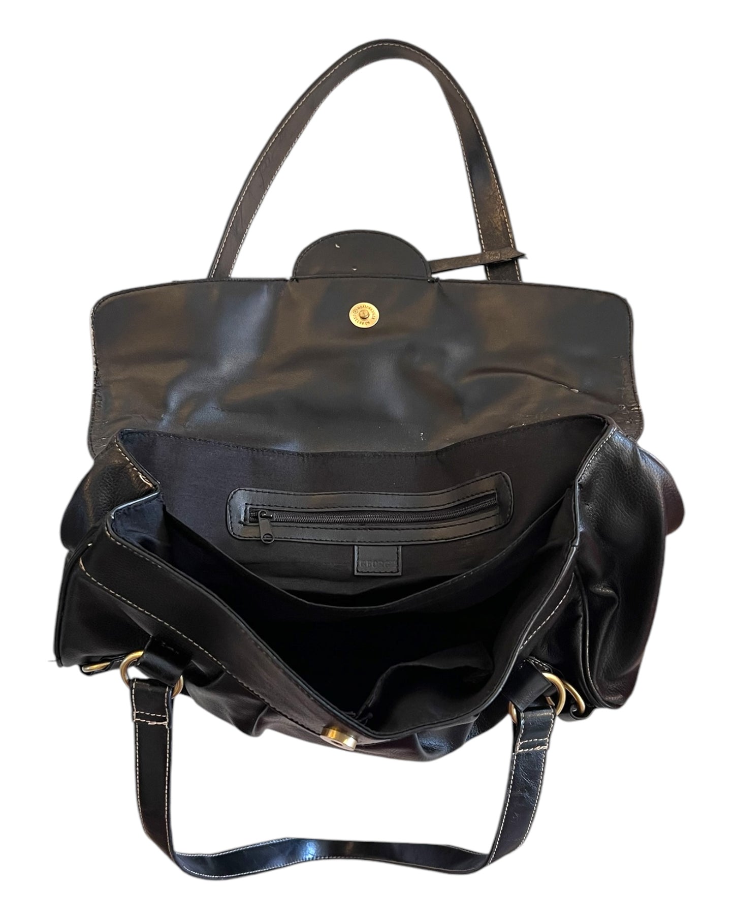 Vintage 2000s Black Leather Slouchy Bag with gold tone hardware. image shows the inside of the bag, showing light wear.