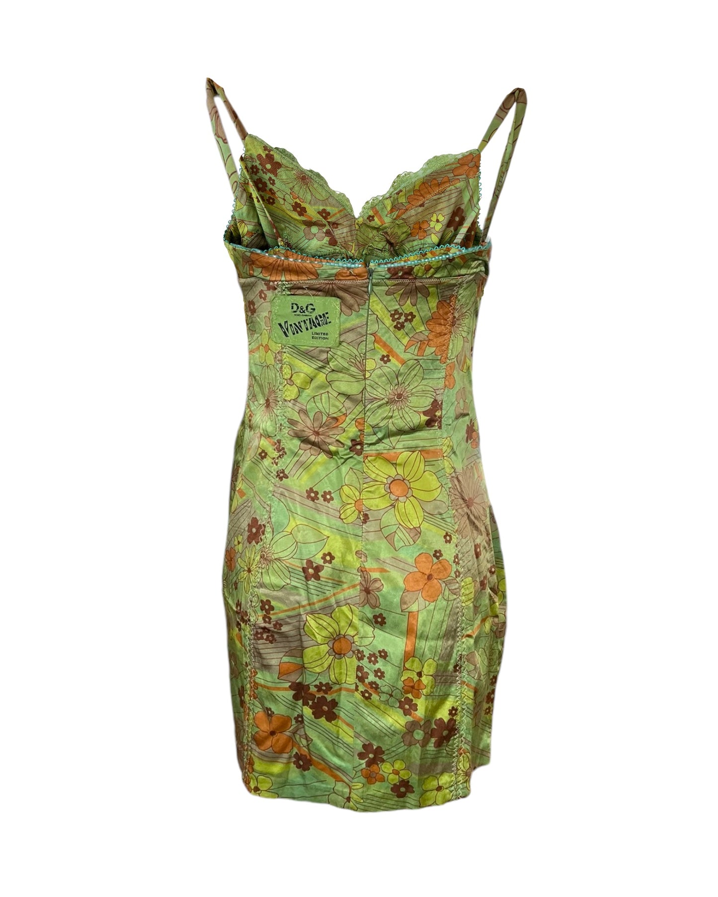 Vintage D&G Limited Edition Green Floral Slip Dress. Features orange flowers and lace trim. Back of the dress shows a "D&G Vintage" Logo