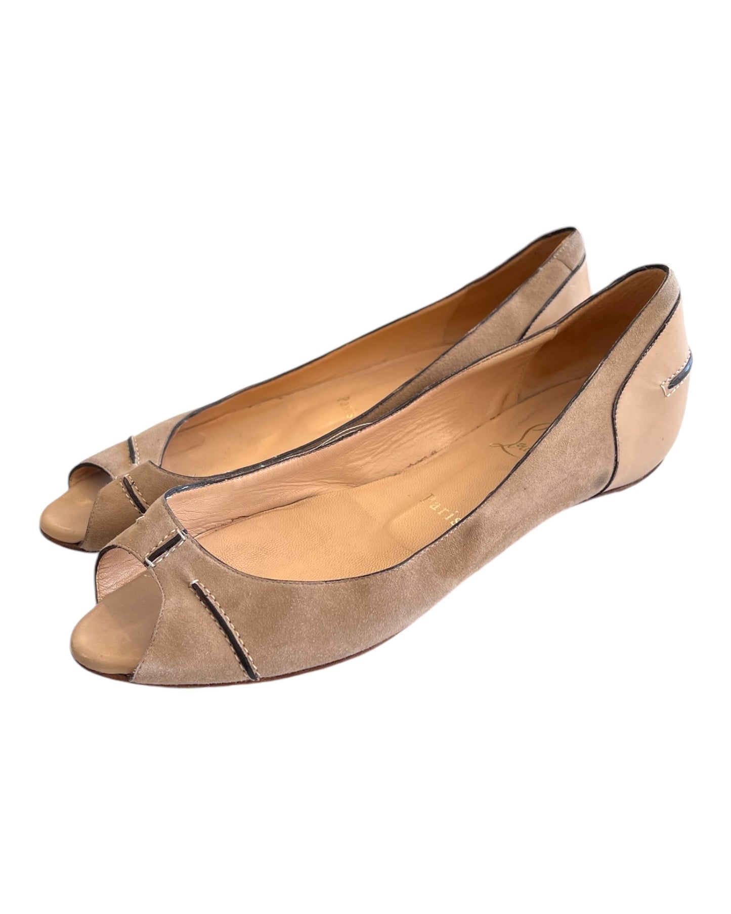 Vintage Christian Louboutin Biege Suede Peep-toe Flats. features darker brown leather details throughout with white stitching.