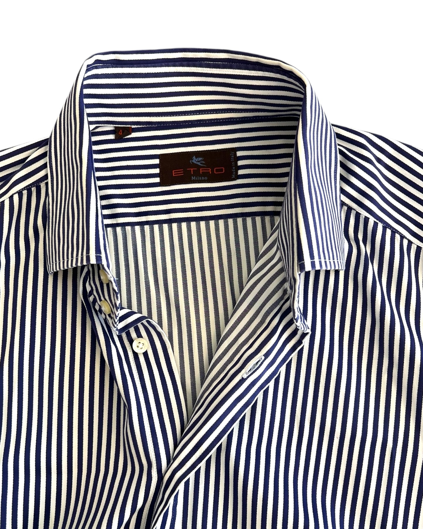 Vintager Etro White and Navy Stripe Button-Up Top