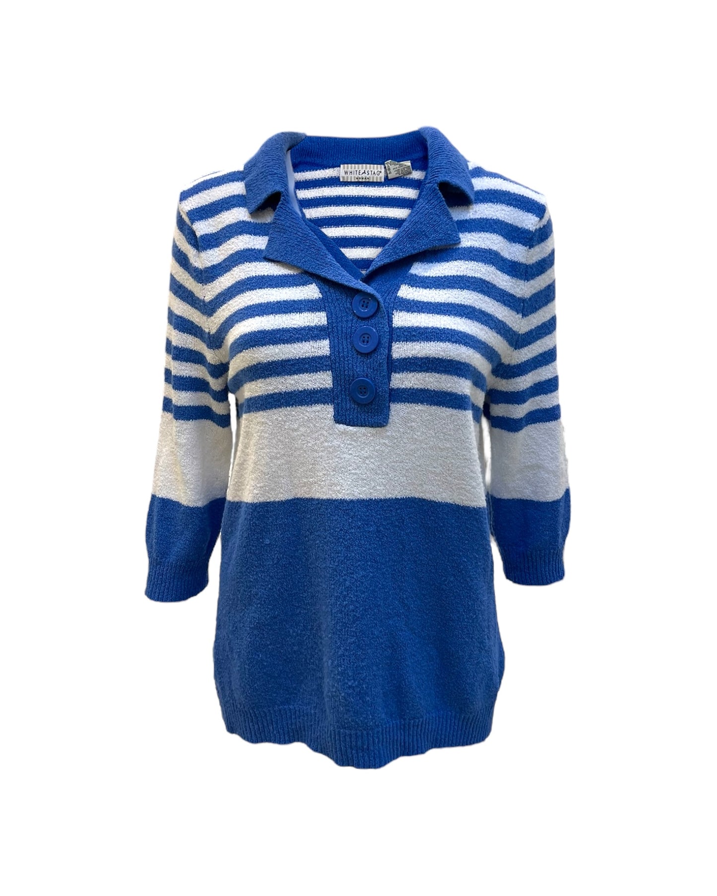 Vintage Blue and White Striped Knit Polo Top