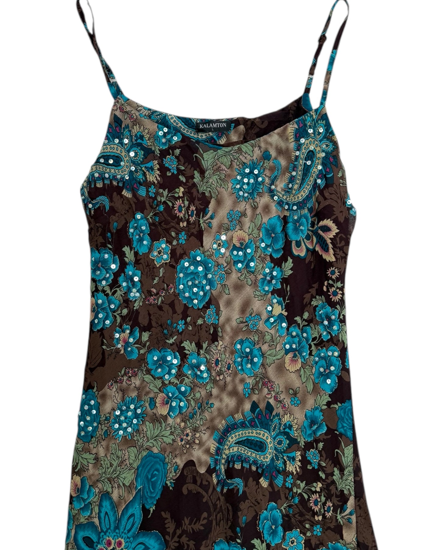 Vintage 2000s Turquoise and Brown Patterned Sequin Midi Dress