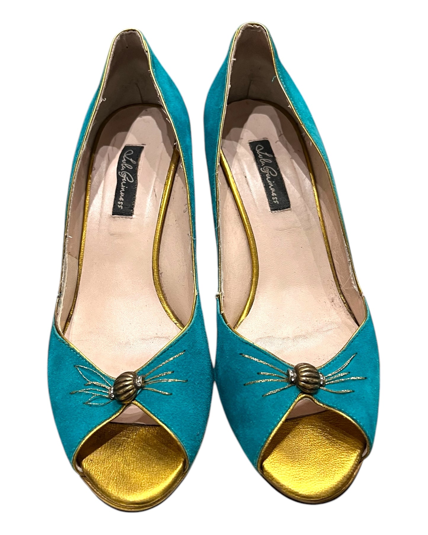Vintage Lulu Guinness Turquoise and Gold Suede Peep-Toe Heels