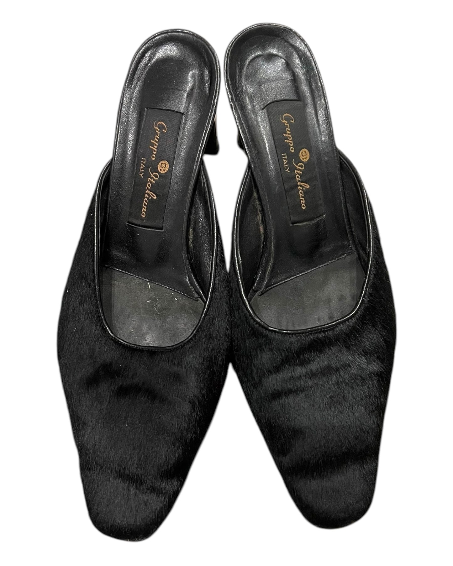 Vintage Black Pony-Hair Leather Mule Heels
