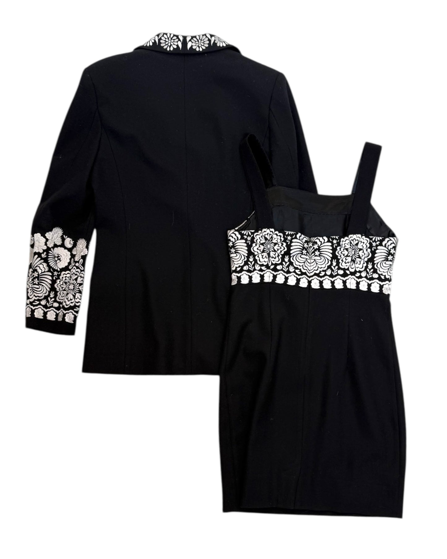 Vintage Black and White Embroidered Dress and Blazer Set