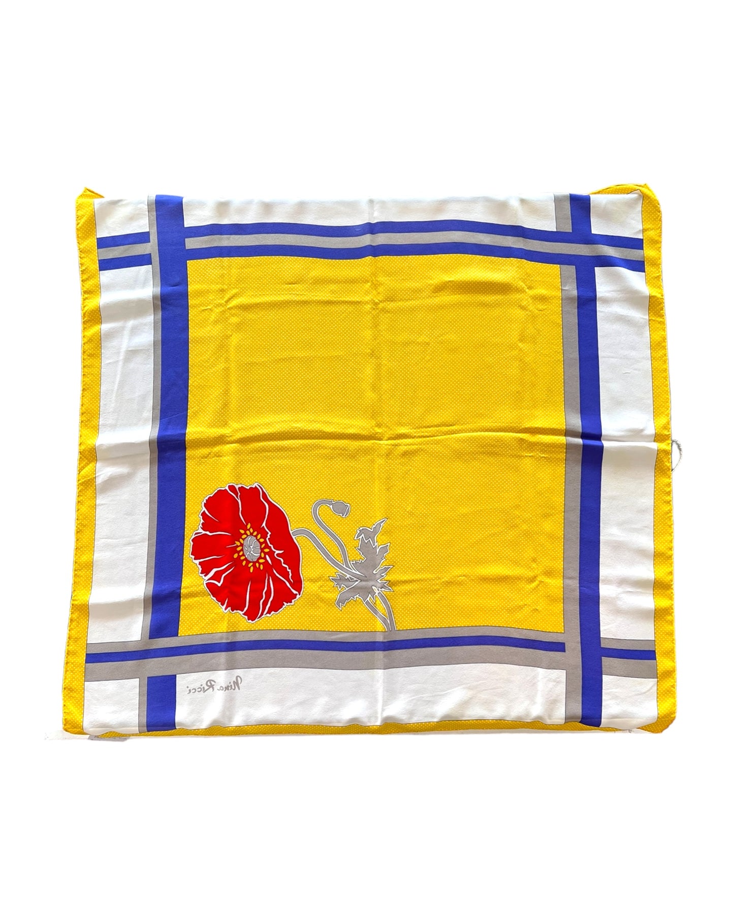 Vintage Nina Ricci Yellow Floral Silk Scarf. features a blue and white boarder with a red flower.