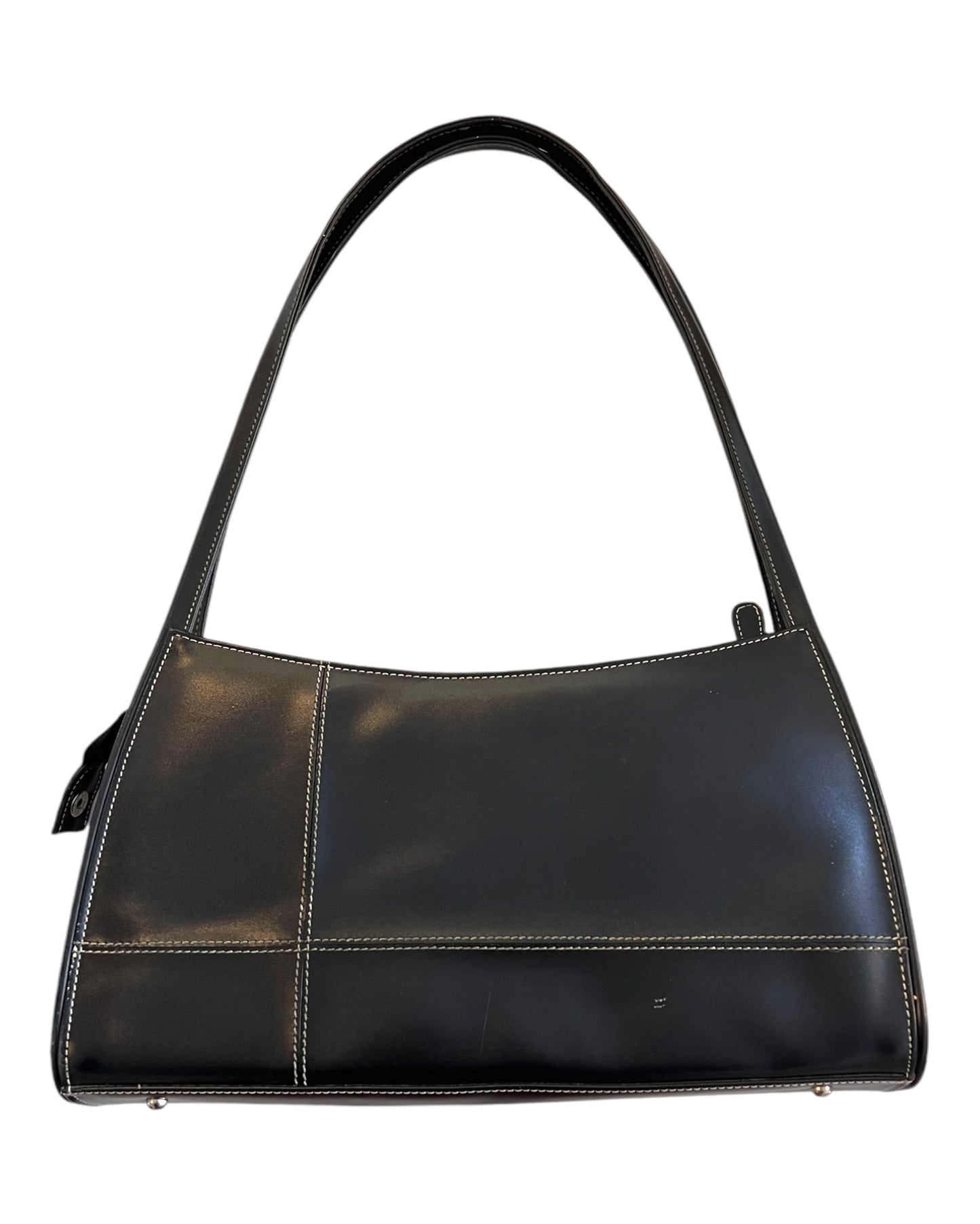 Vintage Black Leather Structured Bag. Features white stitching to add detail and interest.
