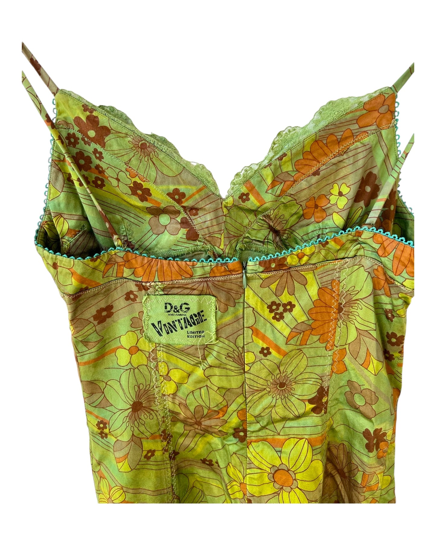 Vintage D&G Limited Edition Green Floral Slip Dress. Features orange flowers and lace trim.