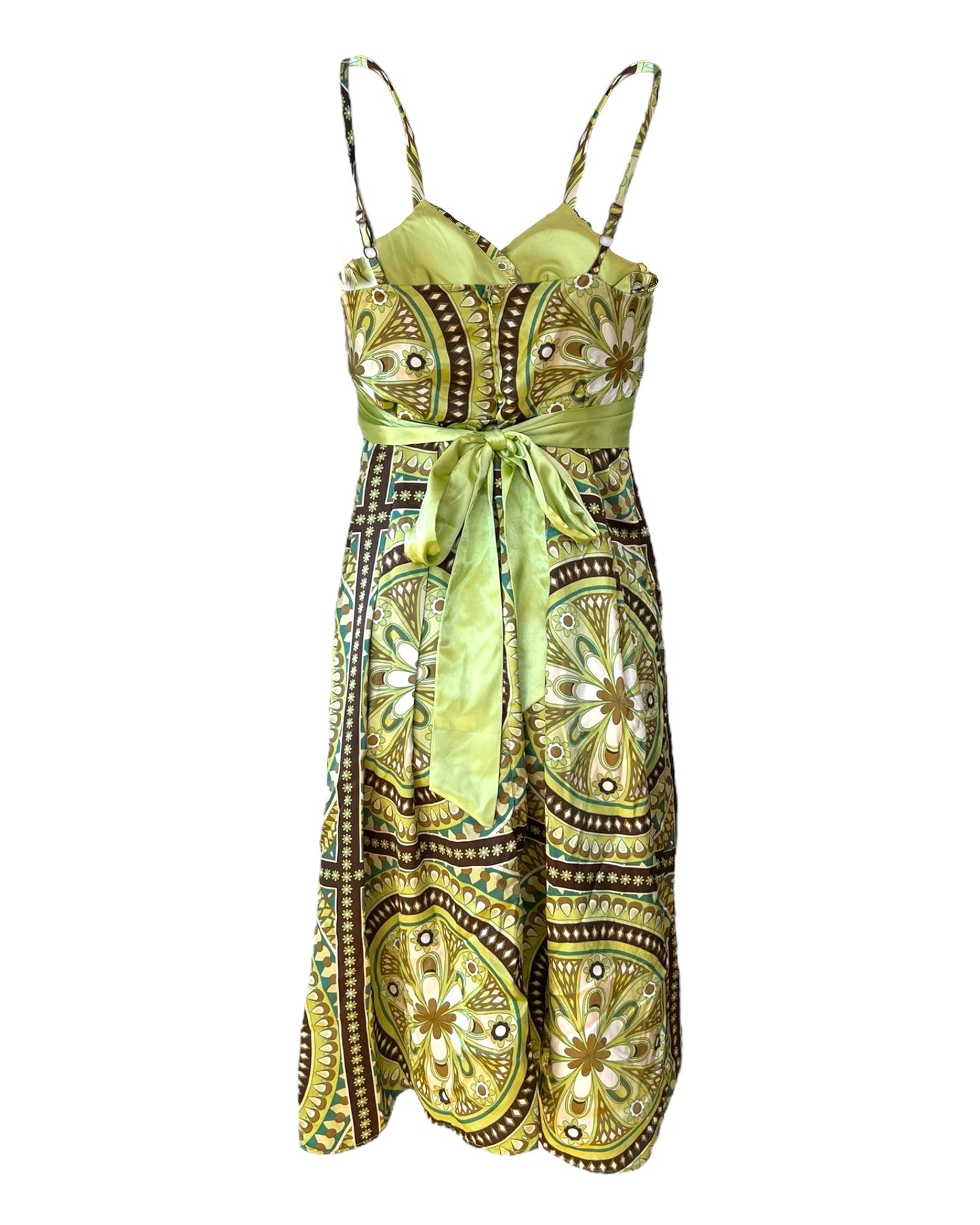 Vintage Green Mosaic Silky Mini Dress with Tie Waist