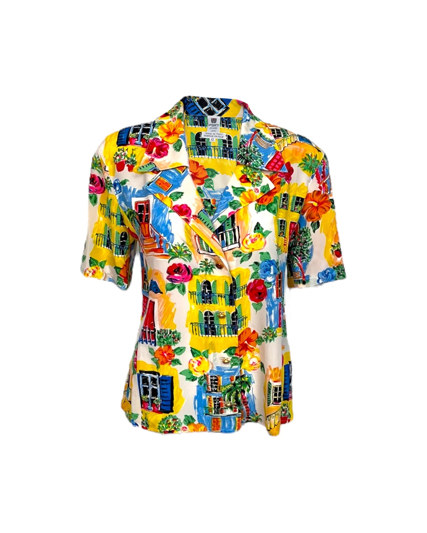 Vintage 1980s Ungaro Multicolor Button-Up Top with Removable Shoulder Pads