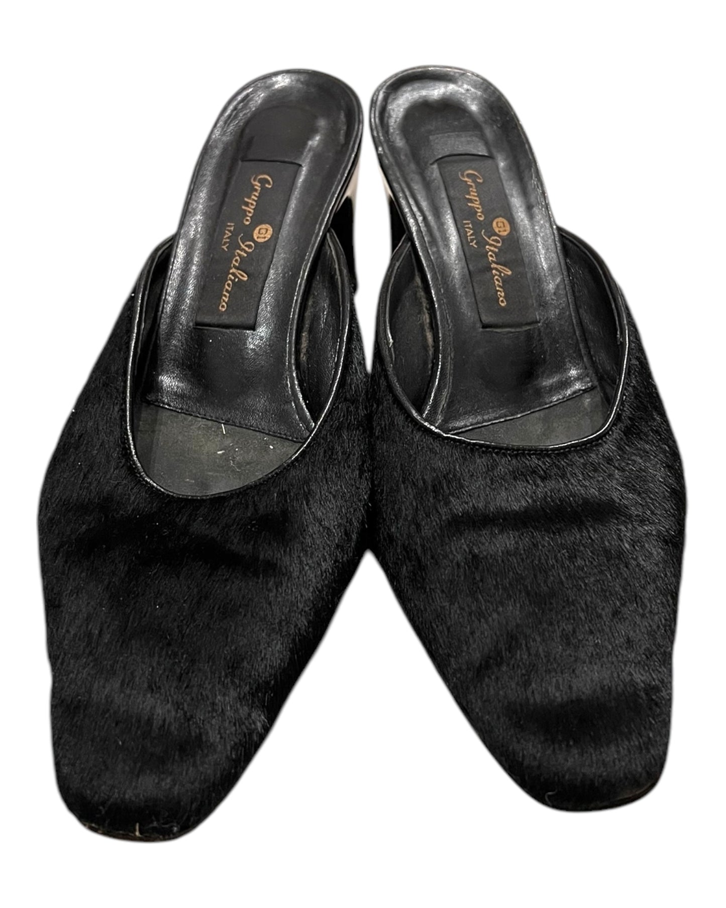 Vintage Black Pony-Hair Leather Mule Heels