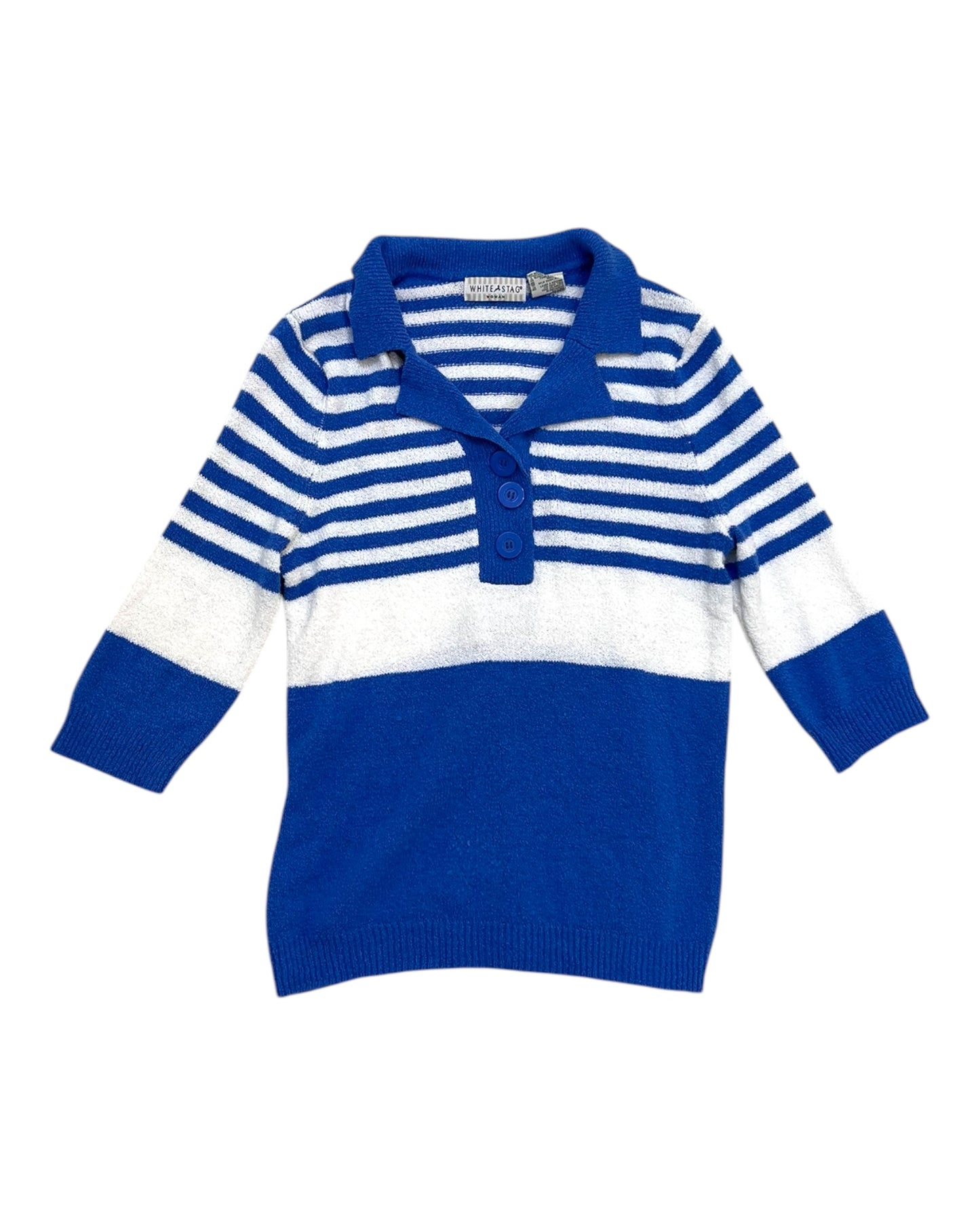 Vintage Blue and White Striped Knit Polo Top