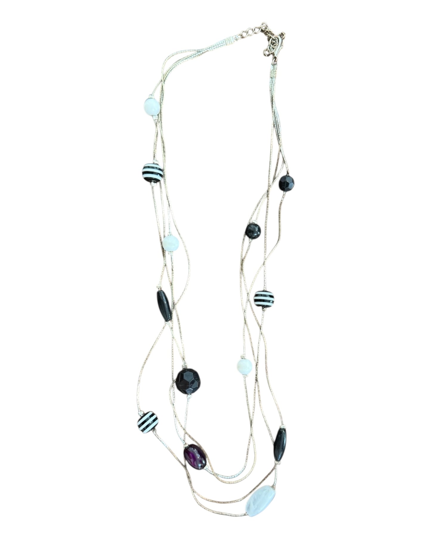 Vintage Black, Purple, and White Beaded Wire Necklace