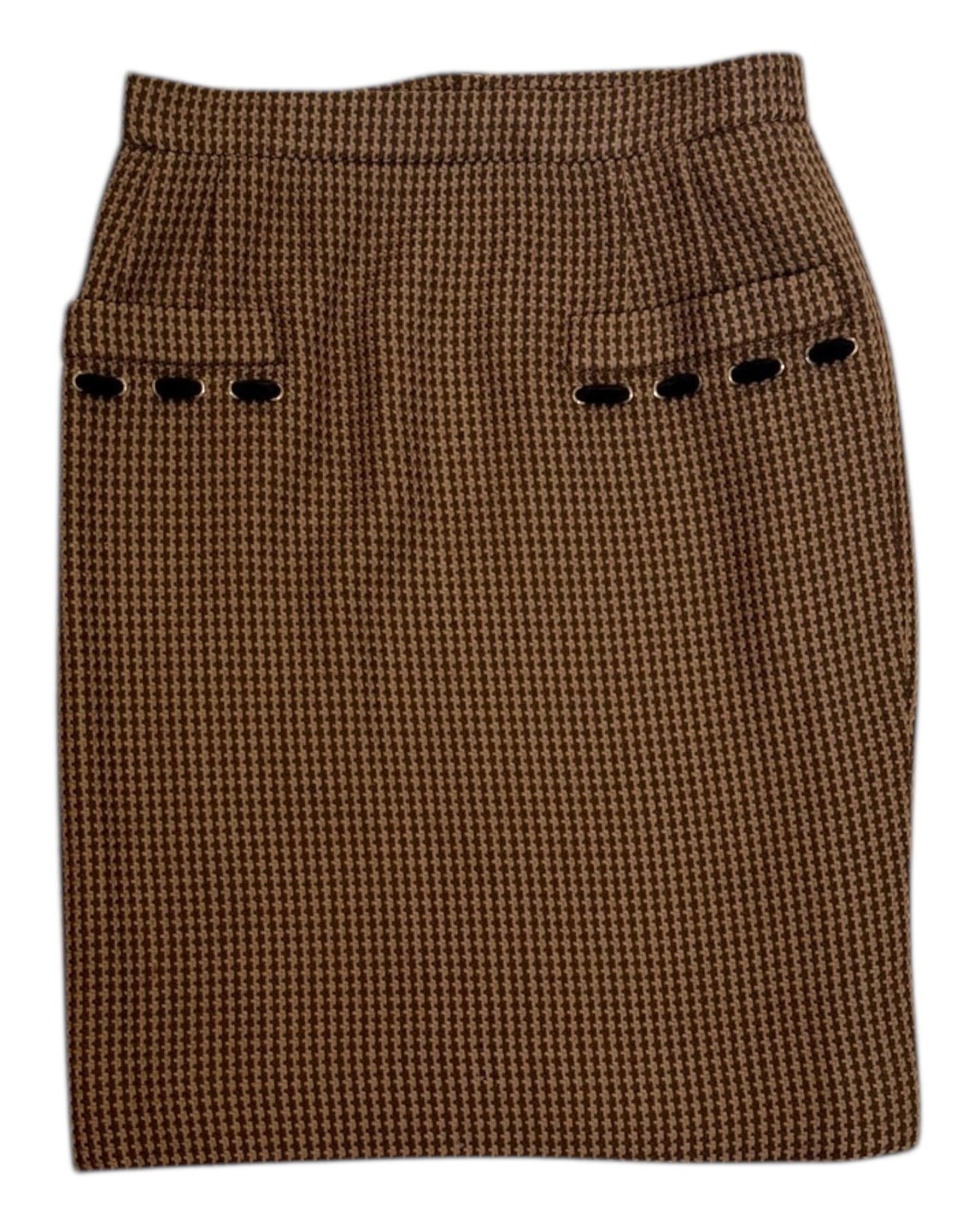 Vintage 1980s Valentino Brown Houndstooth Wool Pencil Skirt