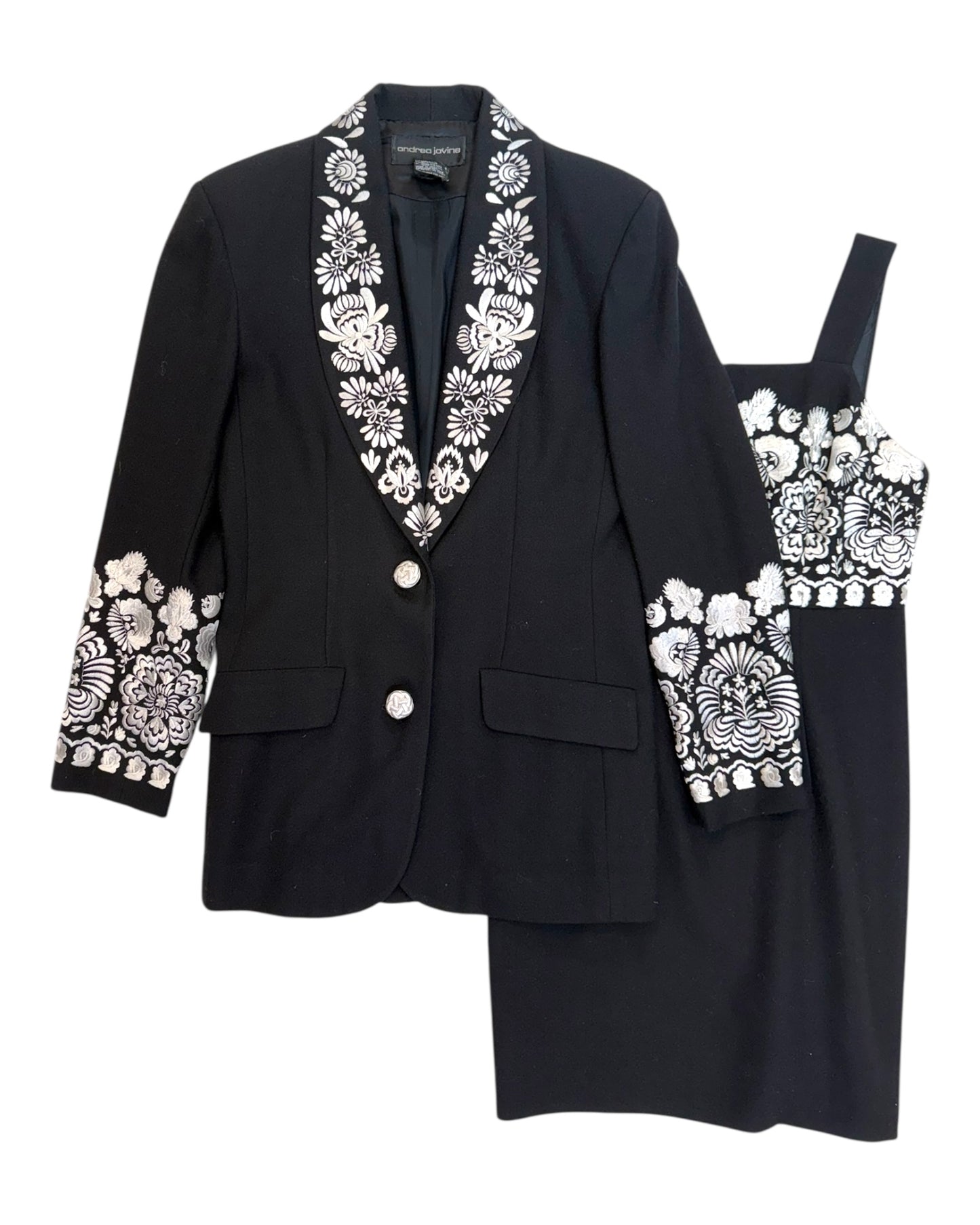 Vintage Black and White Embroidered Dress and Blazer Set