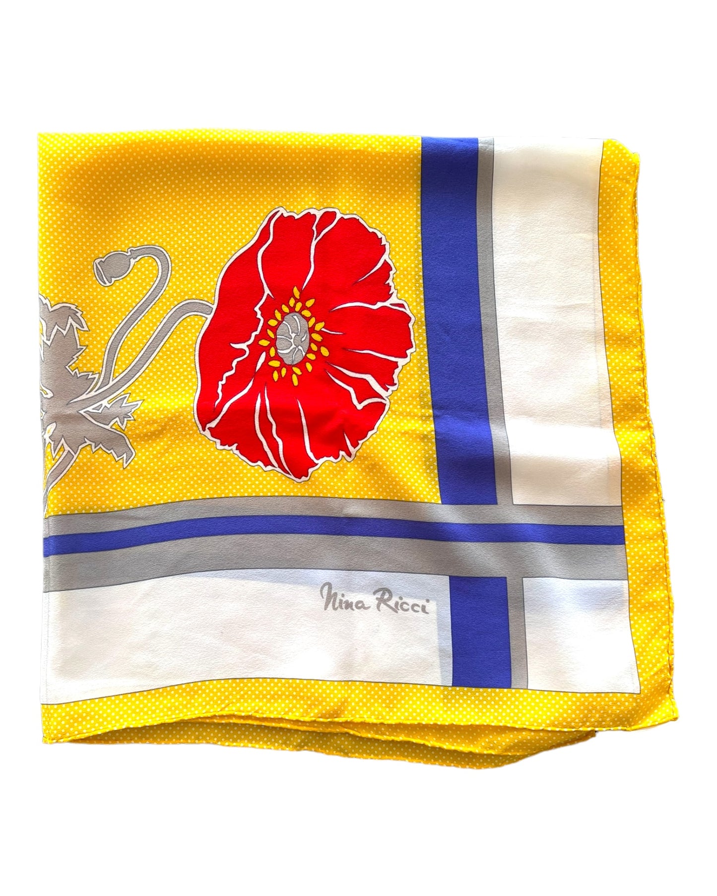 Vintage Nina Ricci Yellow Floral Silk Scarf. features a blue and white boarder with a red flower.