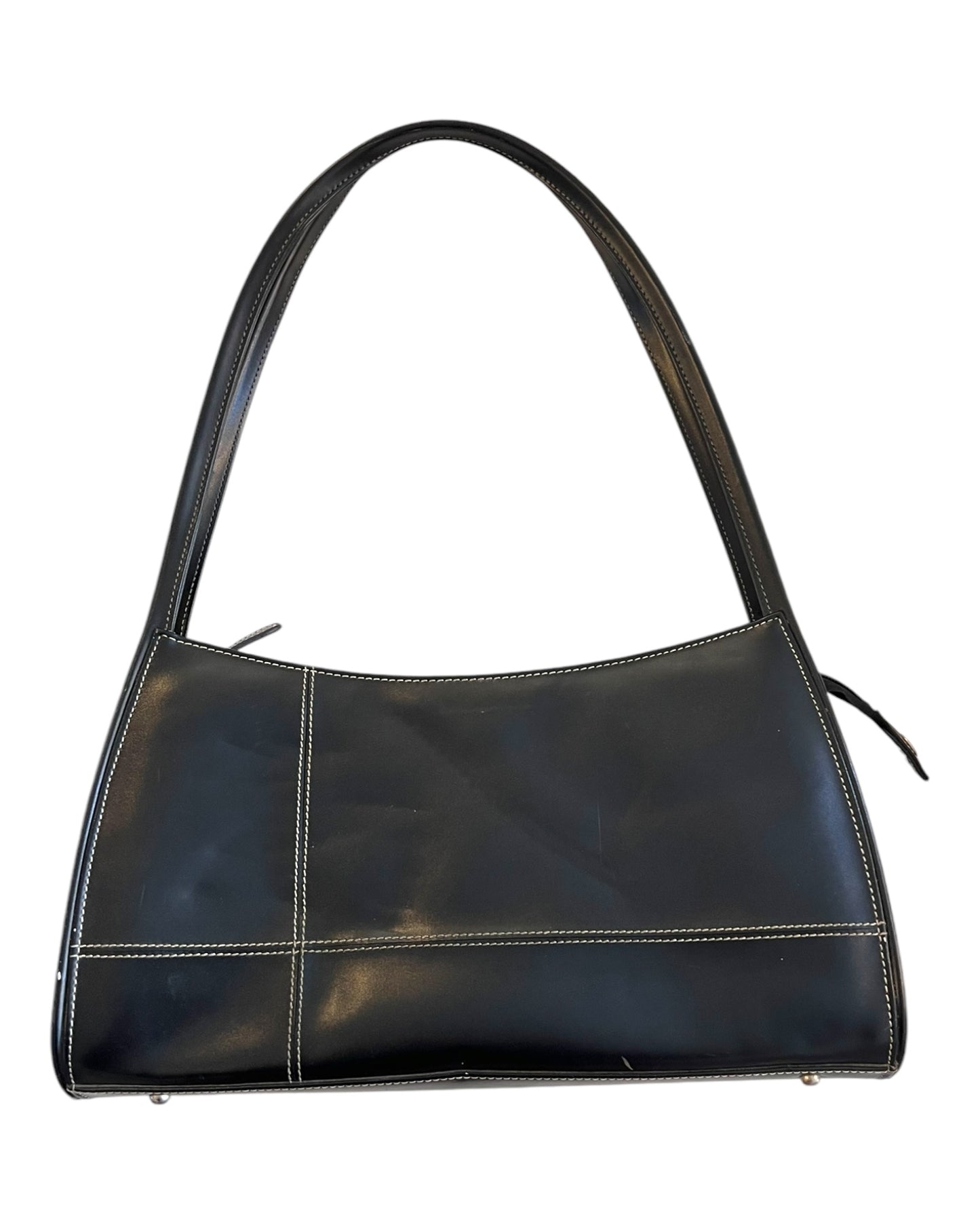 Vintage Black Leather Structured Bag. Features white stitching to add detail and interest. Image shows a small dent on the side of the bag.