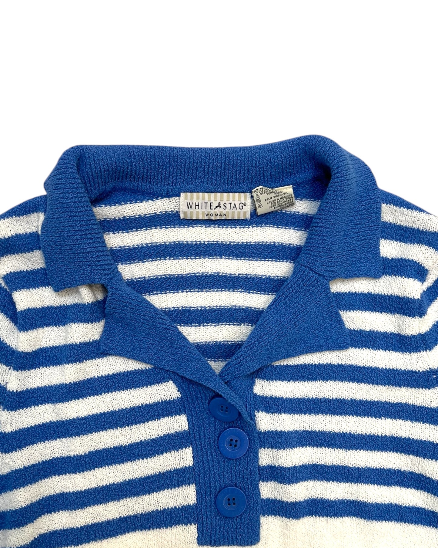 Vintage Blue and White Striped Knit Polo Top