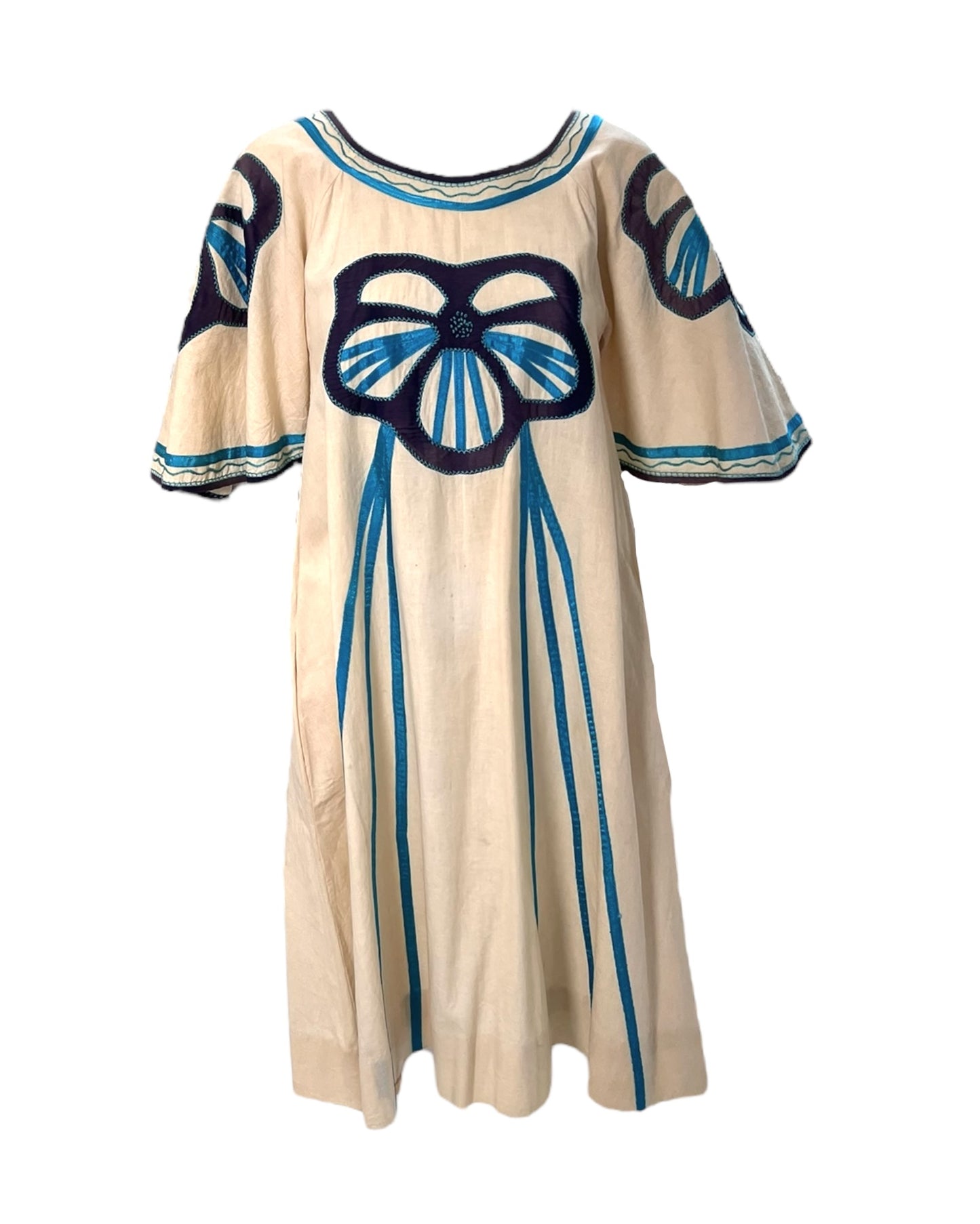 Vintage Blue Flower Cotton Dress - Handmade in Mexico
