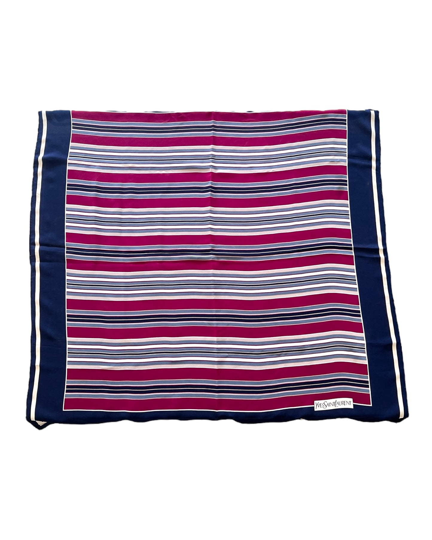 Vintage Yves Saint Laurent Navy Blue and Maroon Nautical Silk Scarf. Maroon, navy, white, and grey stripes.