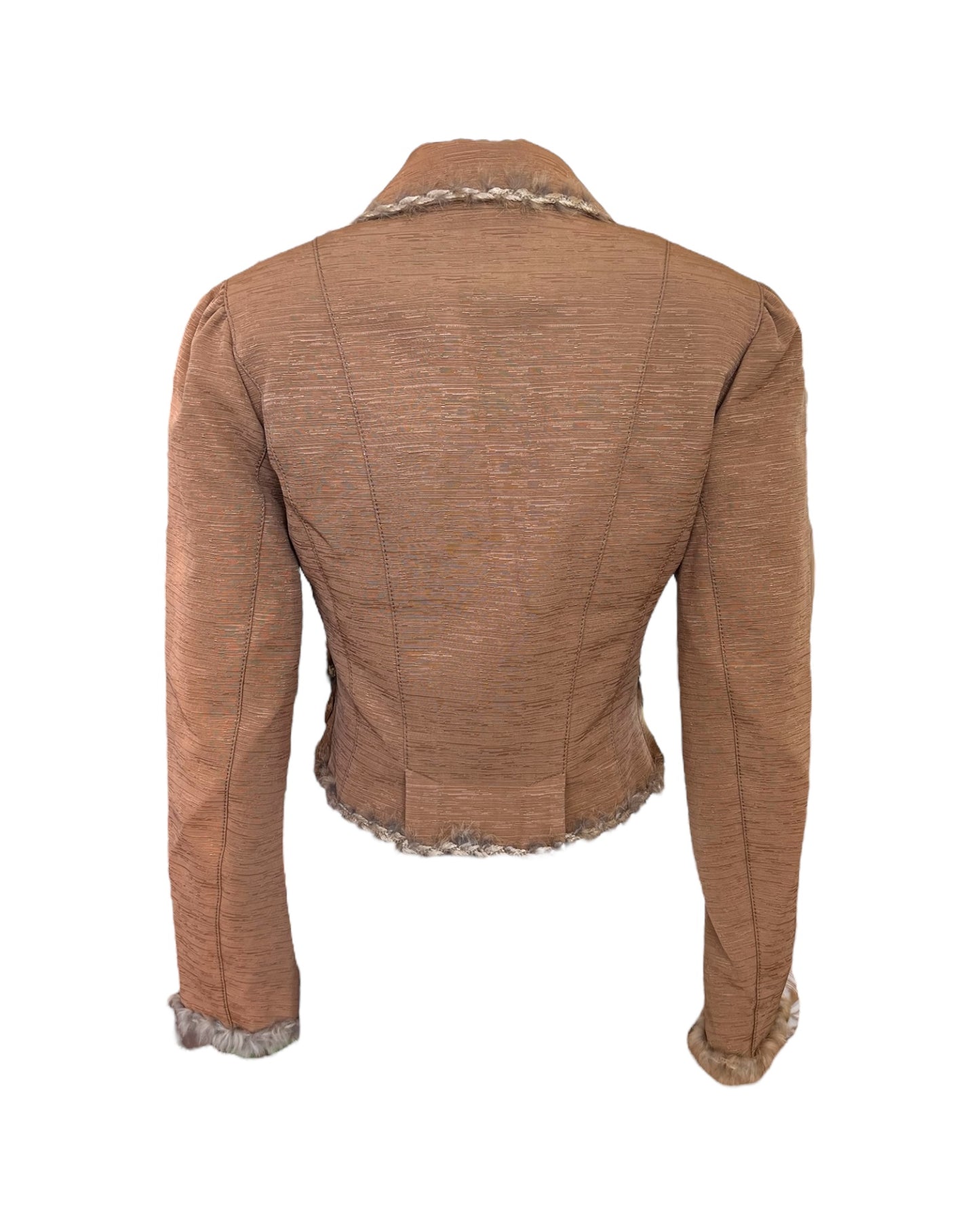 Vintage 2005 John Galliano Cropped Tan Jacket with Fur Trim.