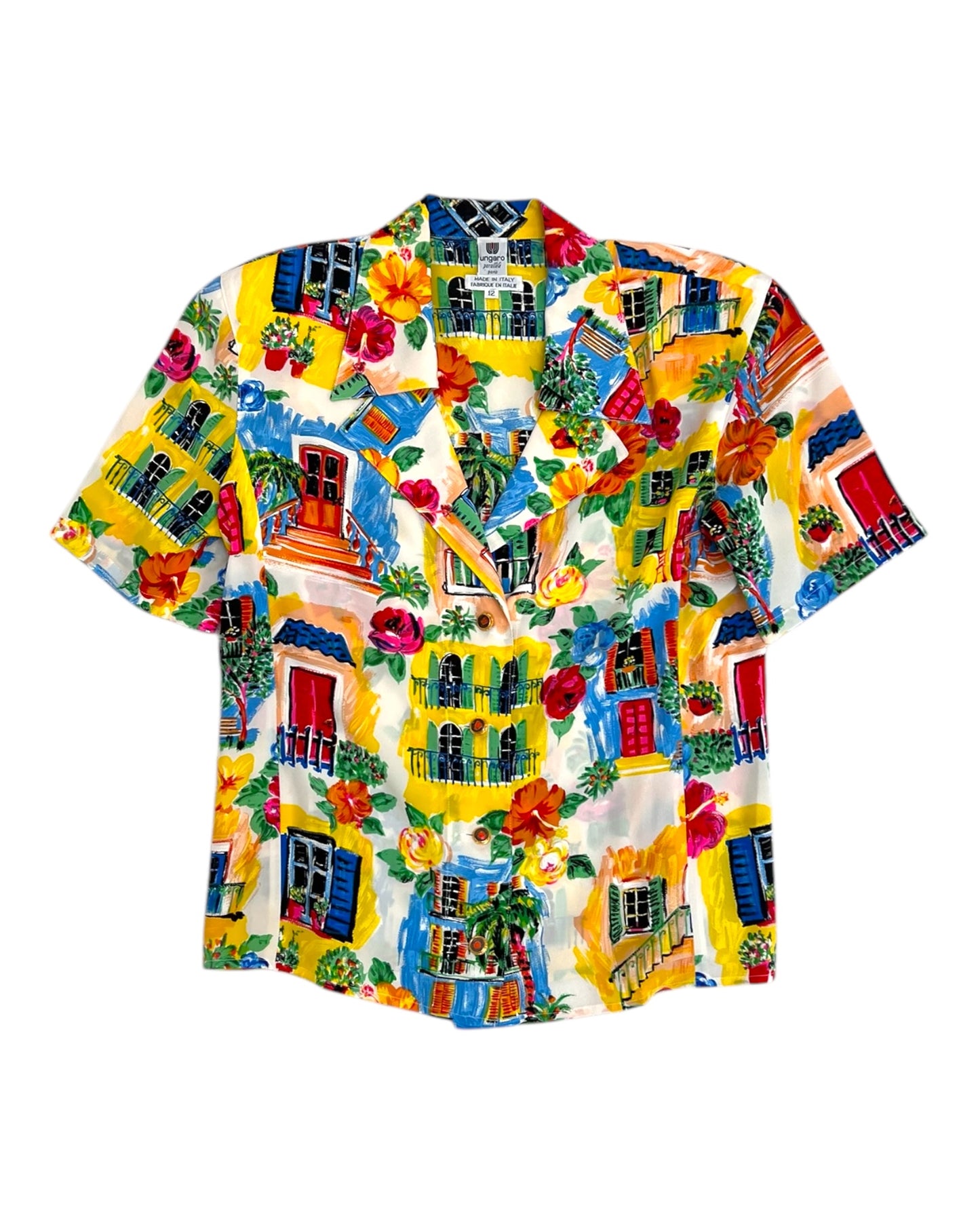 Vintage 1980s Ungaro Multicolor Button-Up Top with Removable Shoulder Pads