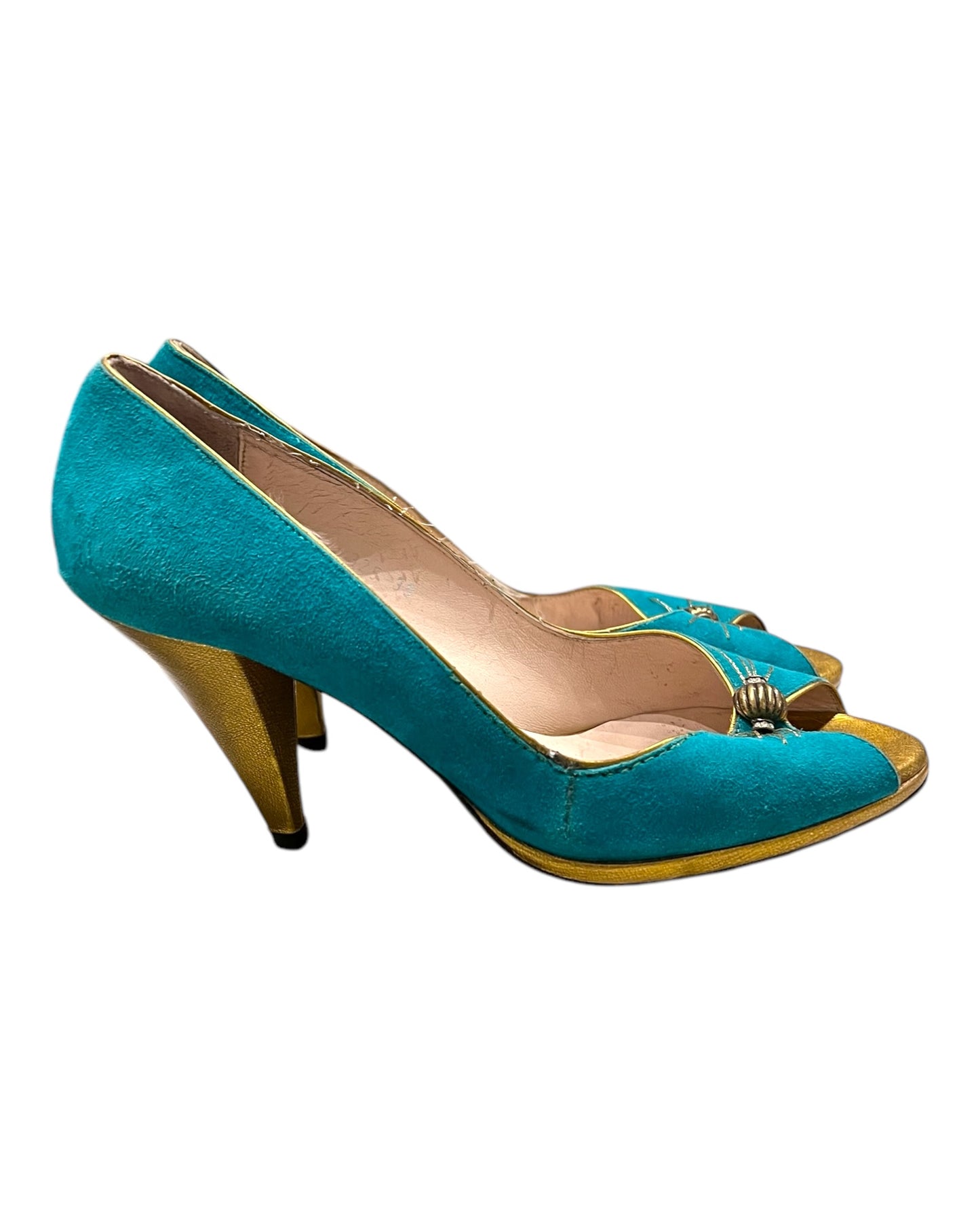 Vintage Lulu Guinness Turquoise and Gold Suede Peep-Toe Heels
