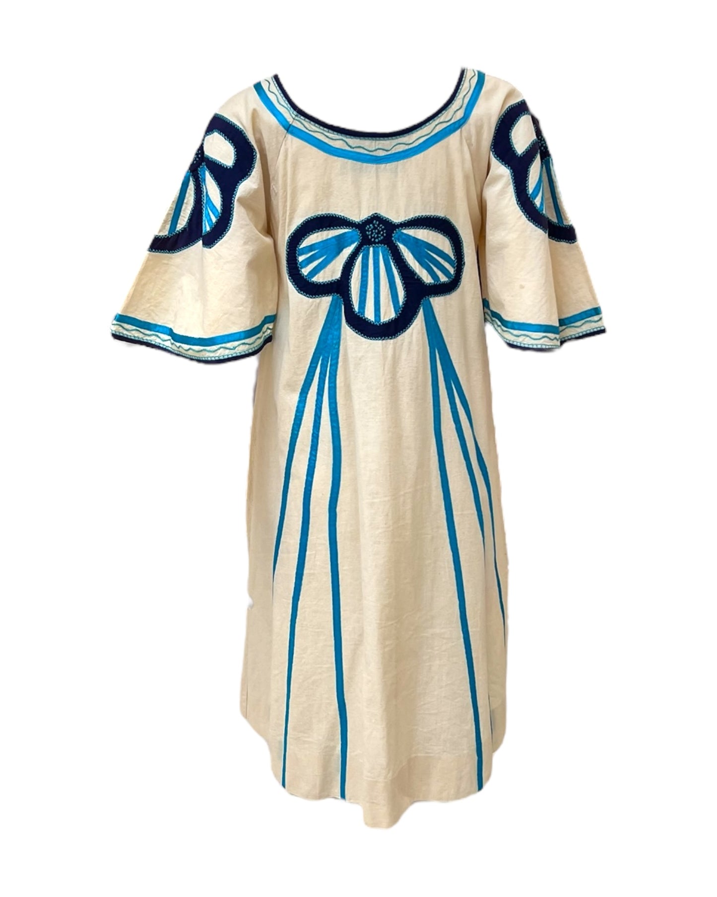 Vintage Blue Flower Cotton Dress - Handmade in Mexico