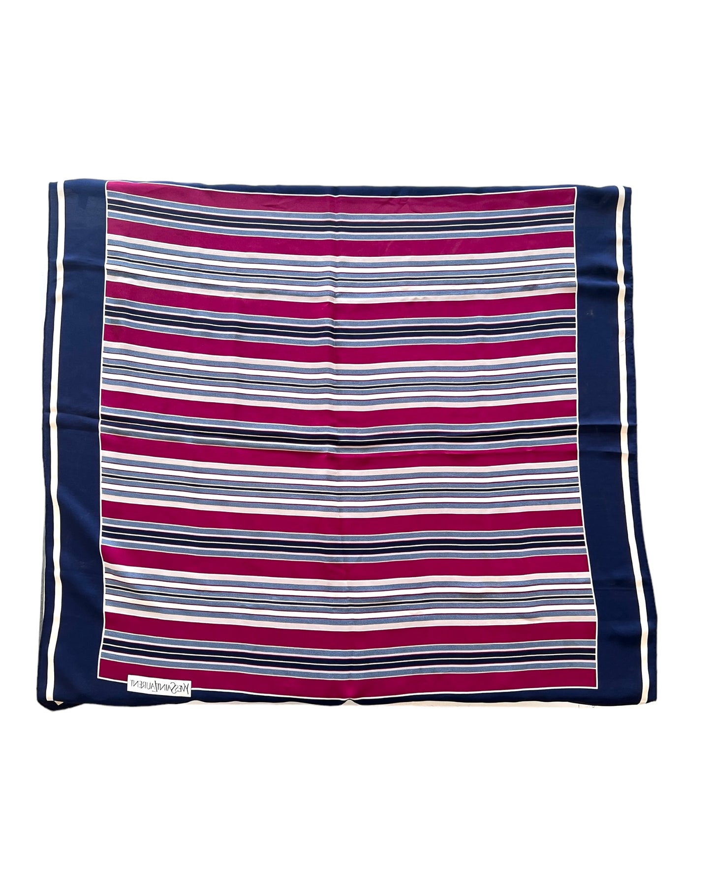 Vintage Yves Saint Laurent Navy Blue and Maroon Nautical Silk Scarf. Maroon, navy, white, and grey stripes.