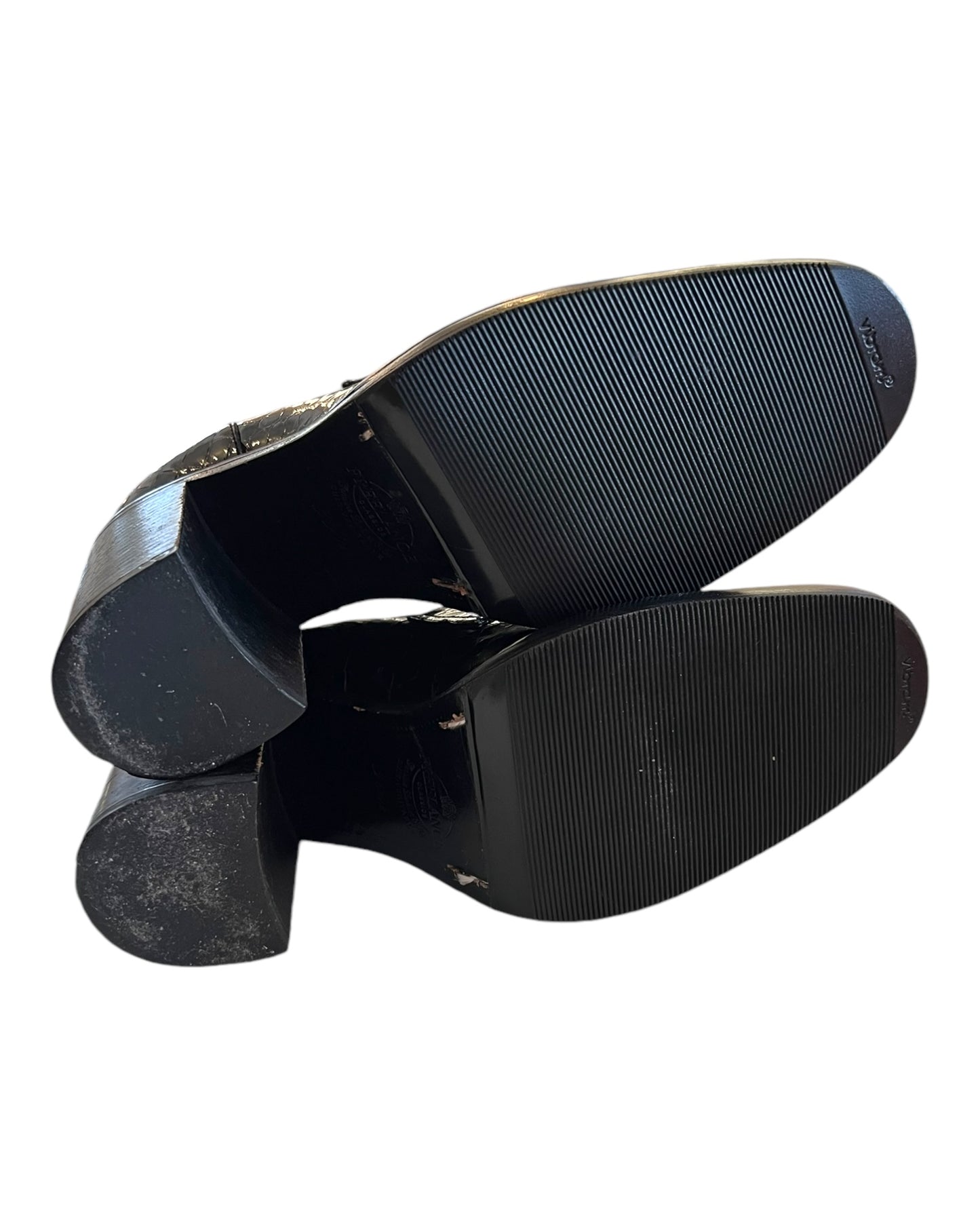 Vintage Freelance Classics Brown Leather French Loafer Heels. image depicts the bottom of the shoes in nearly perfect condition.