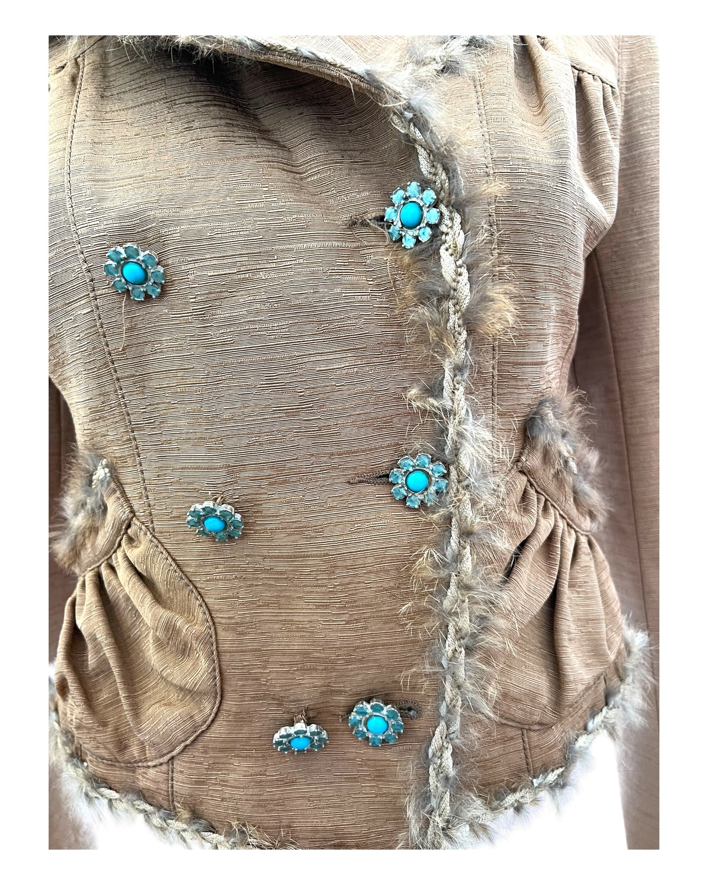 Vintage 2005 John Galliano Cropped Tan Jacket with Fur Trim. Features turquoise buttons in a floral shape.