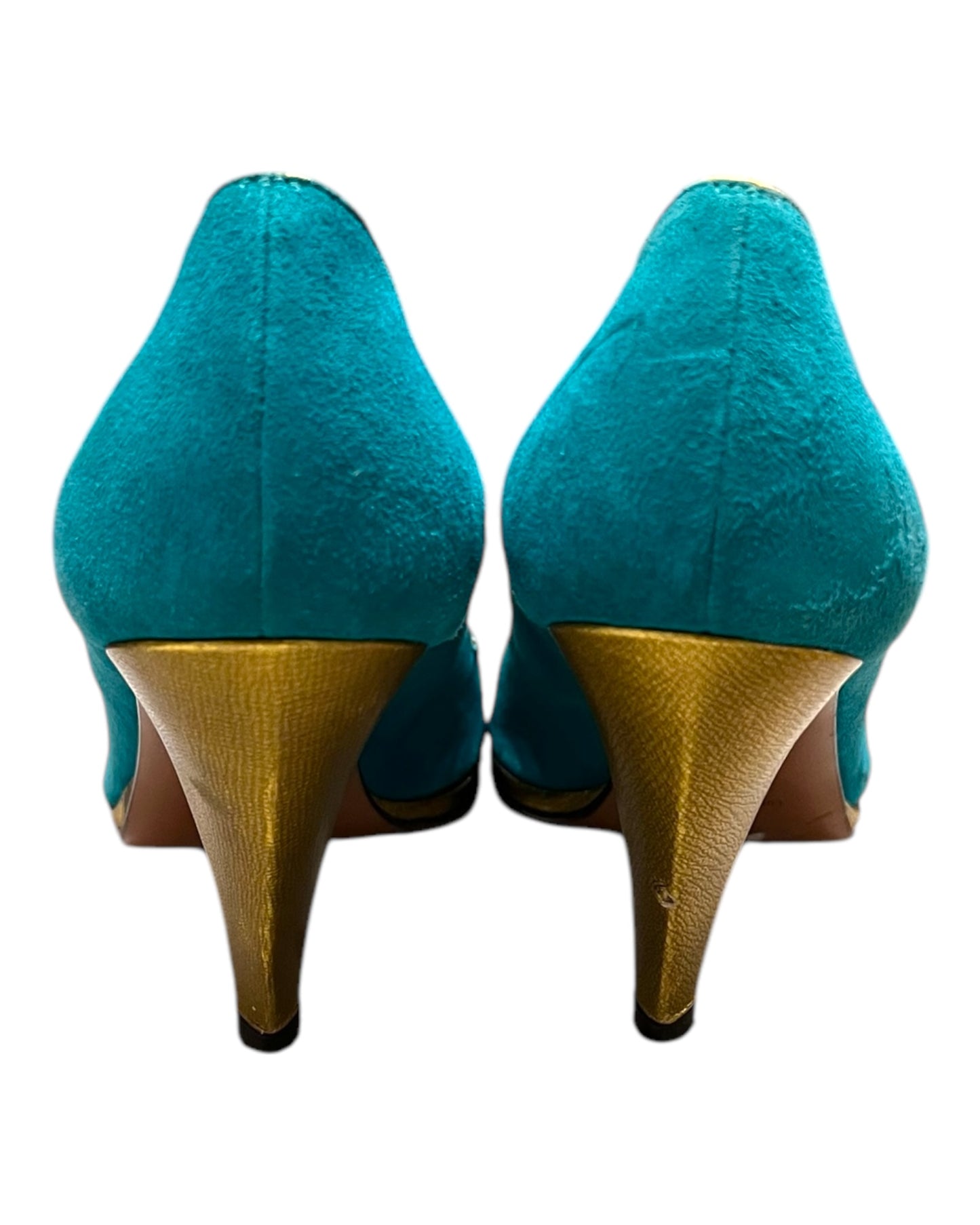 Vintage Lulu Guinness Turquoise and Gold Suede Peep-Toe Heels