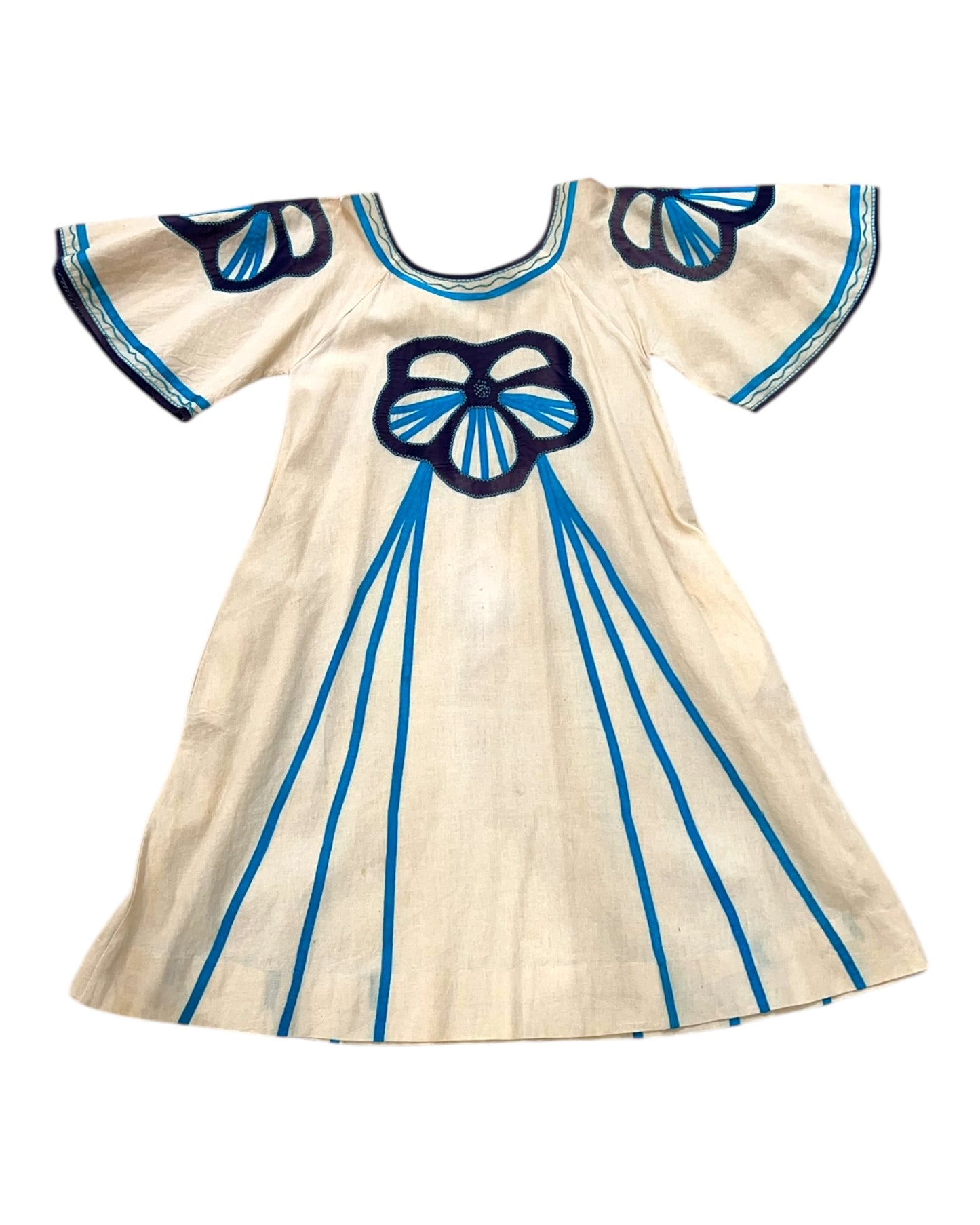 Vintage Blue Flower Cotton Dress - Handmade in Mexico