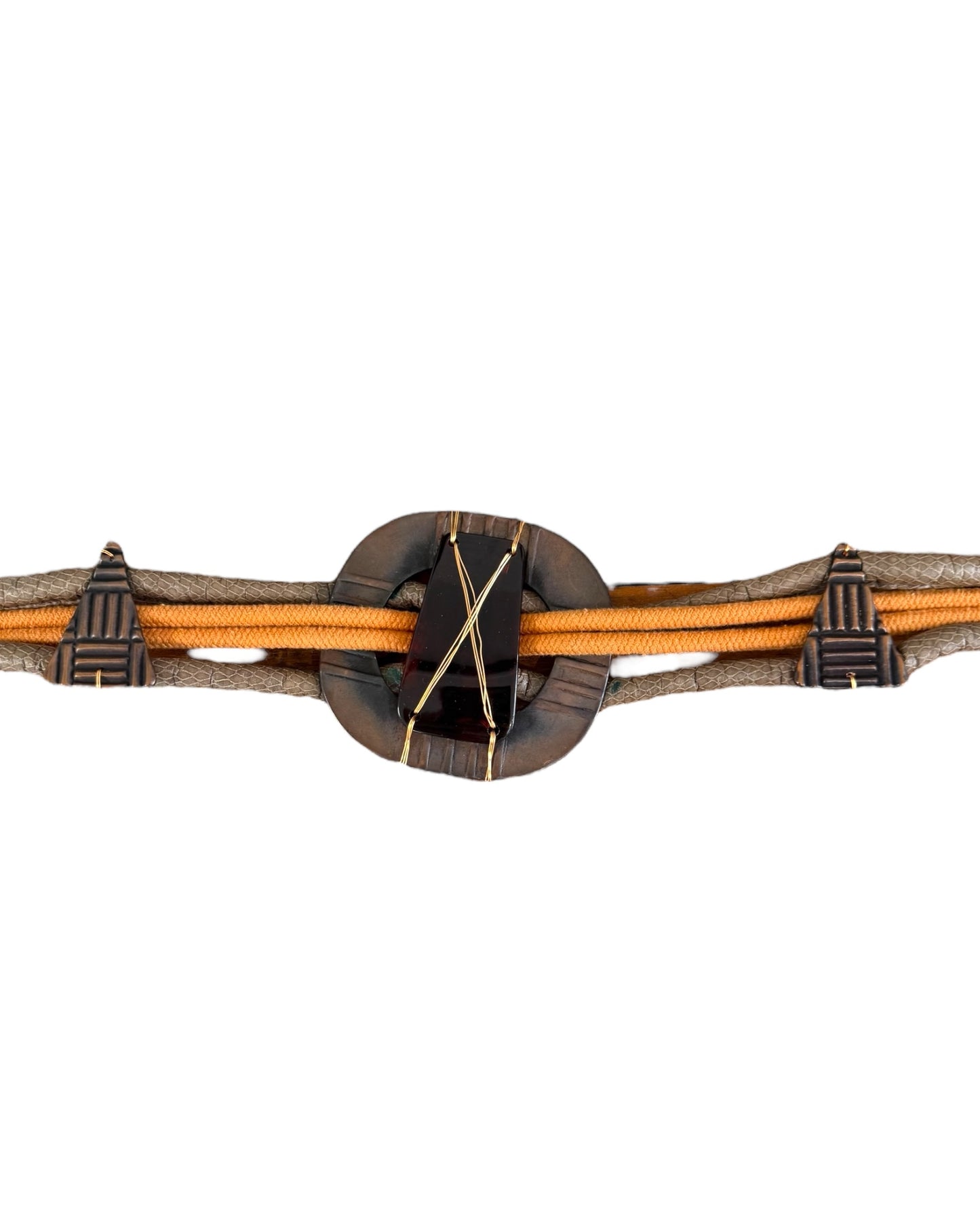 Vintage Geometric Medallion Leather and Woven Waist Belt