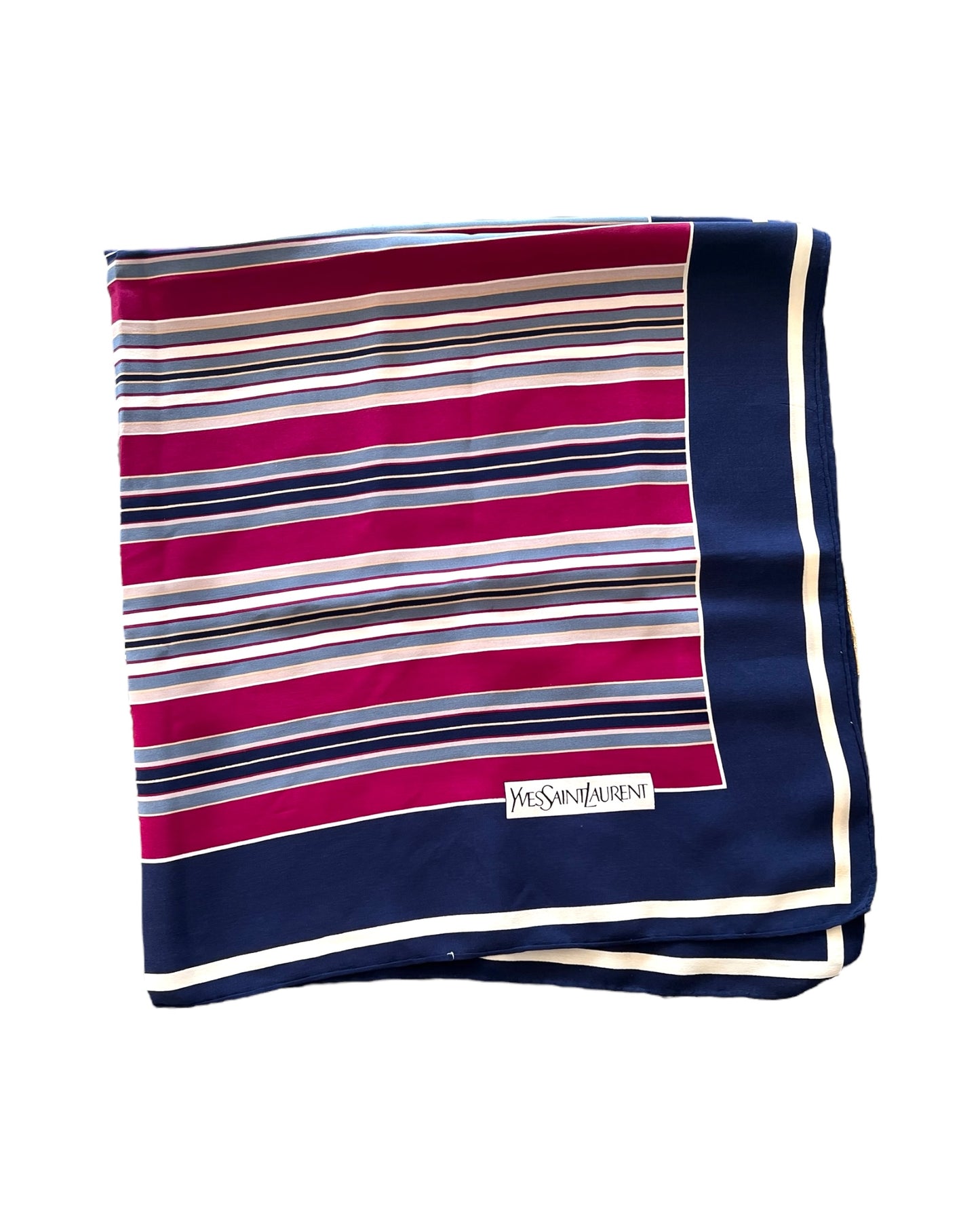Vintage Yves Saint Laurent Navy Blue and Maroon Nautical Silk Scarf. Maroon, navy, white, and grey stripes.