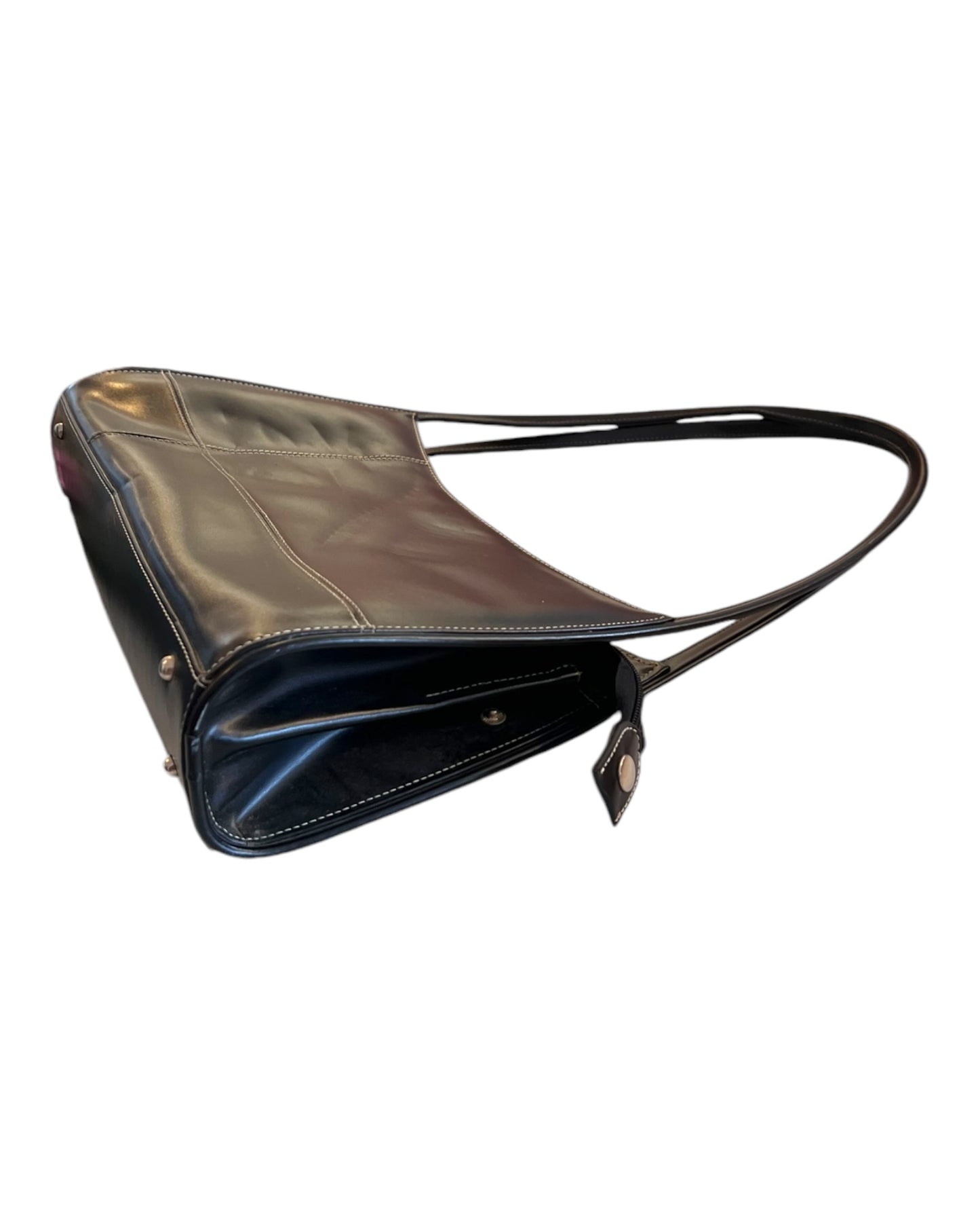 Vintage Black Leather Structured Bag. Features white stitching to add detail and interest.
