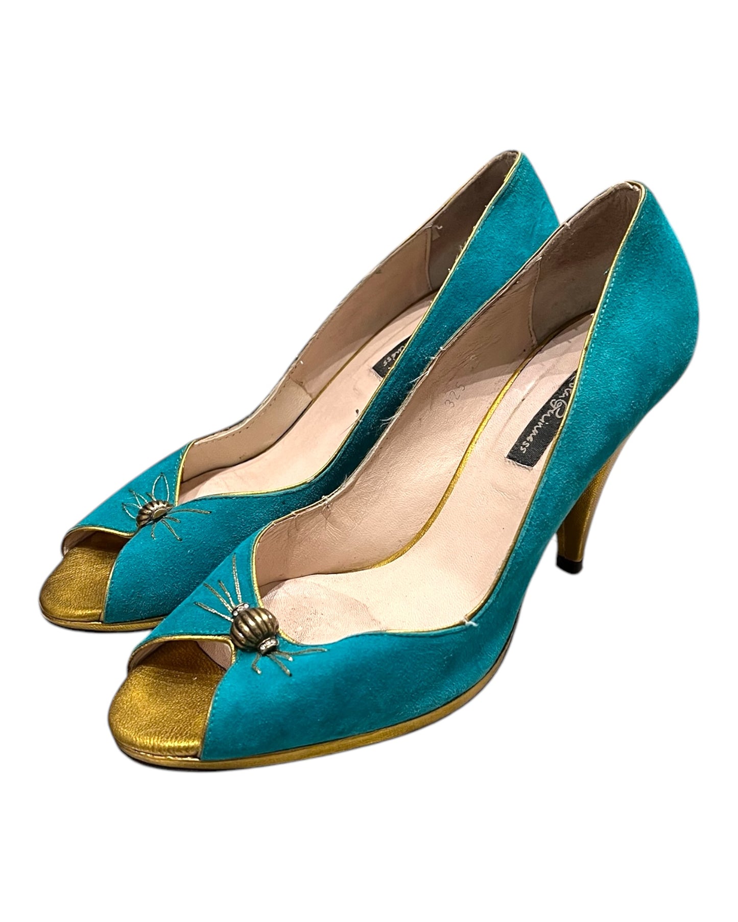 Vintage Lulu Guinness Turquoise and Gold Suede Peep-Toe Heels