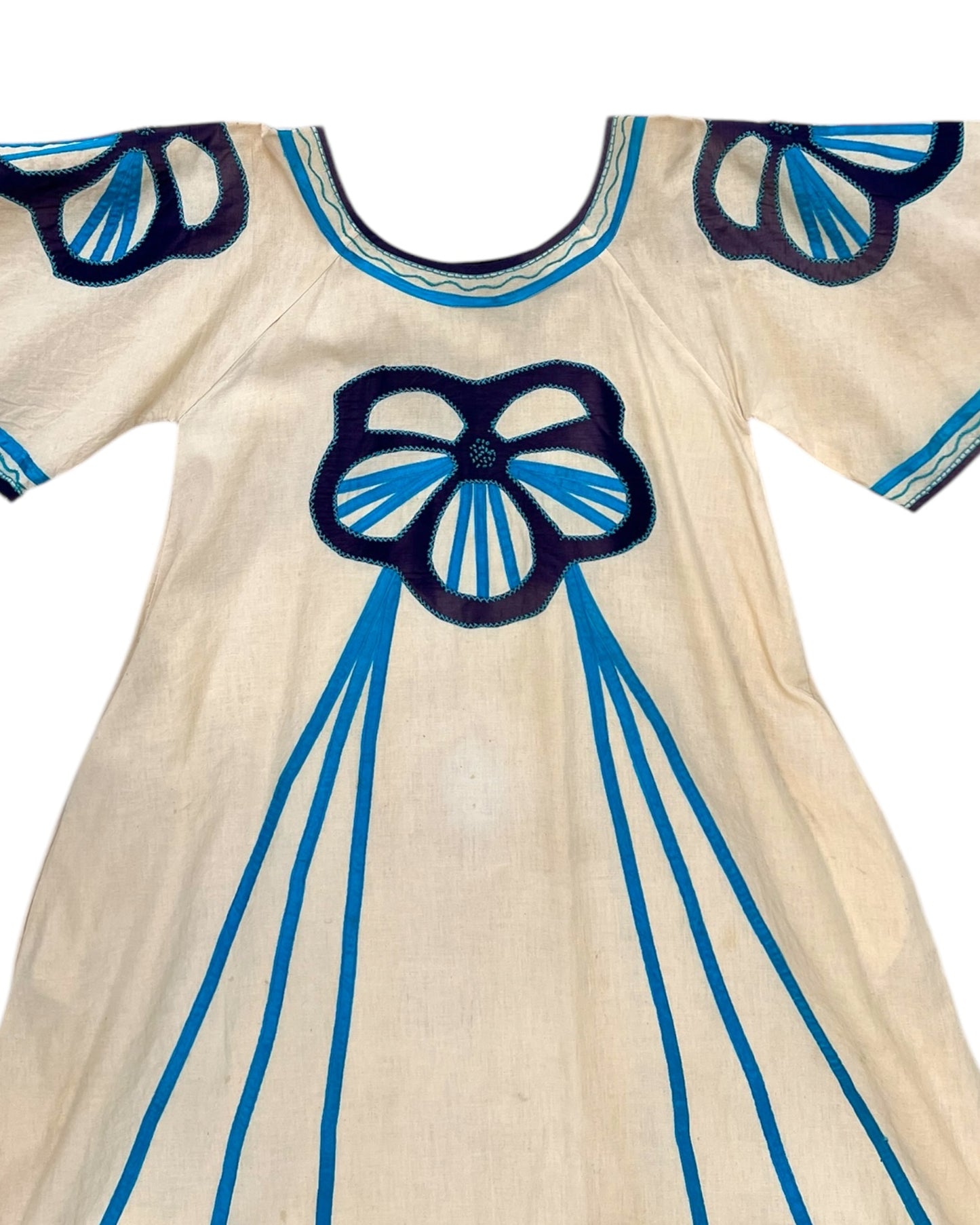 Vintage Blue Flower Cotton Dress - Handmade in Mexico