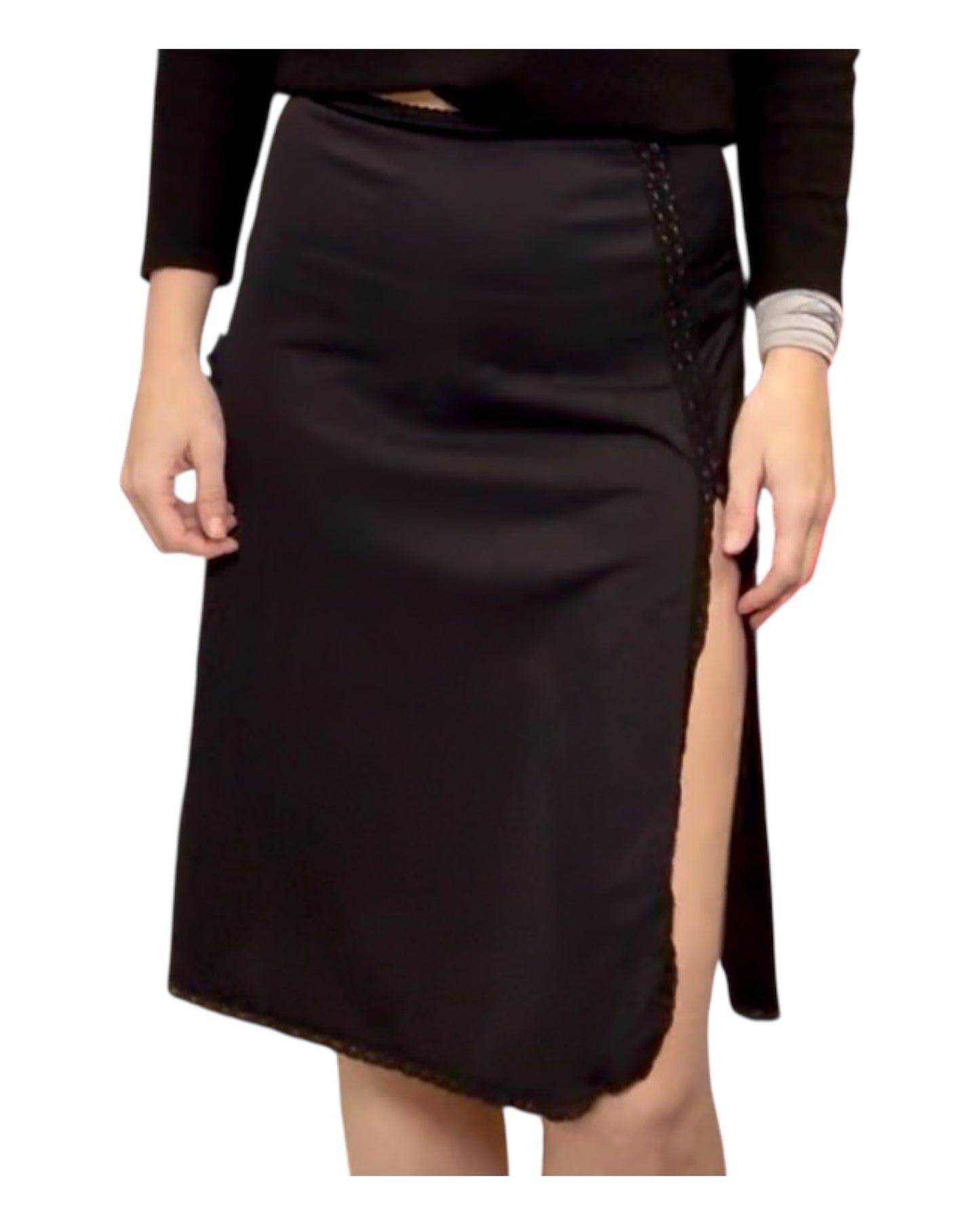 Vintage Black Knee-Length Skirt with Lace Trim