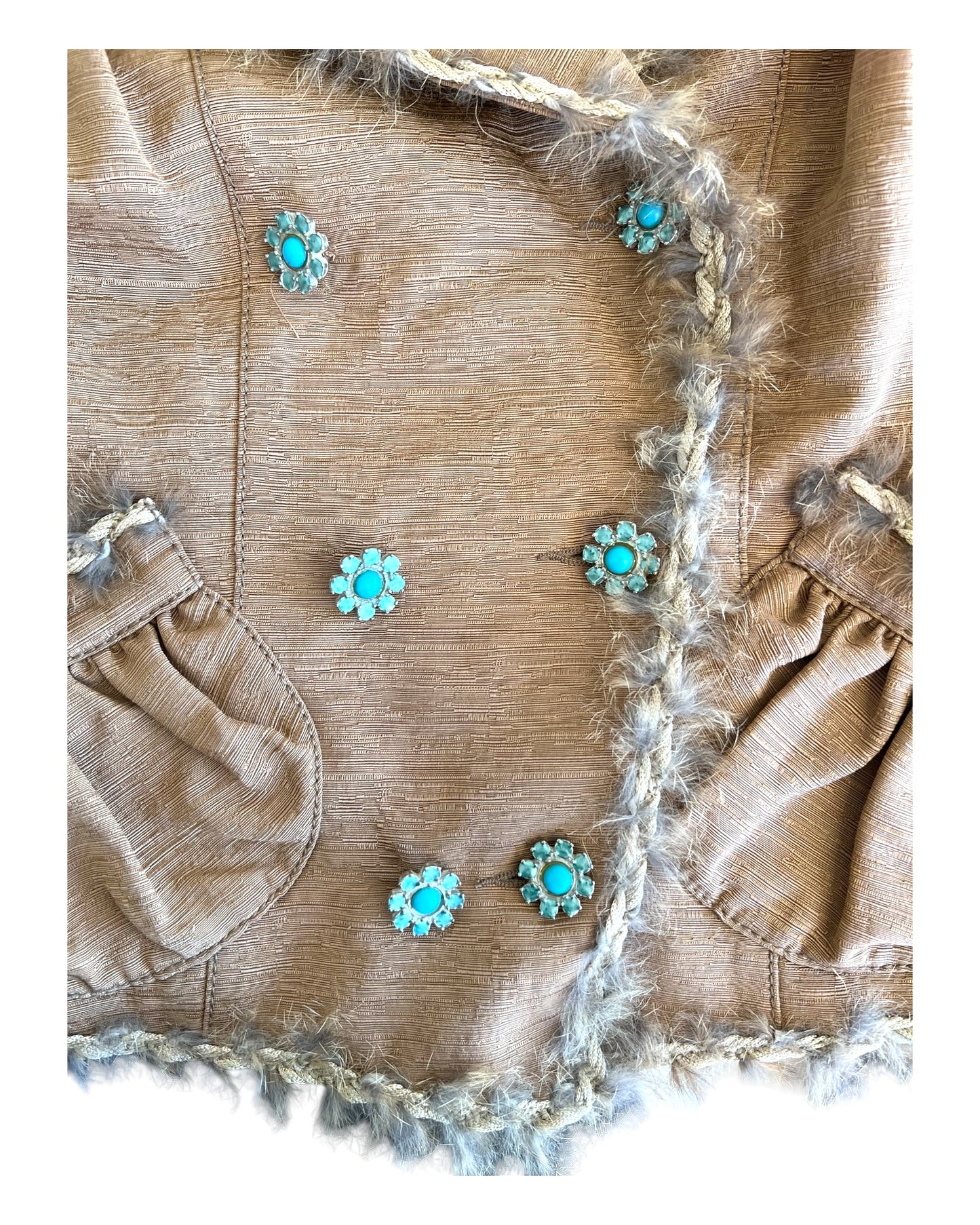 Vintage 2005 John Galliano Cropped Tan Jacket with Fur Trim. Features turquoise buttons in a floral shape.