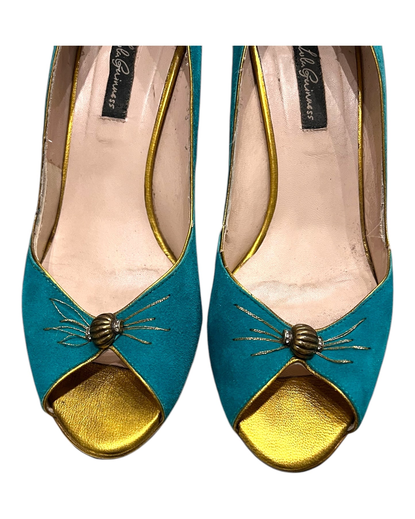 Vintage Lulu Guinness Turquoise and Gold Suede Peep-Toe Heels