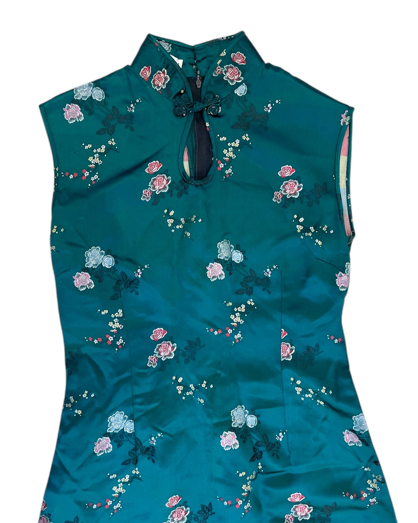 Vintage Green Floral Qipao-Inspired Dress