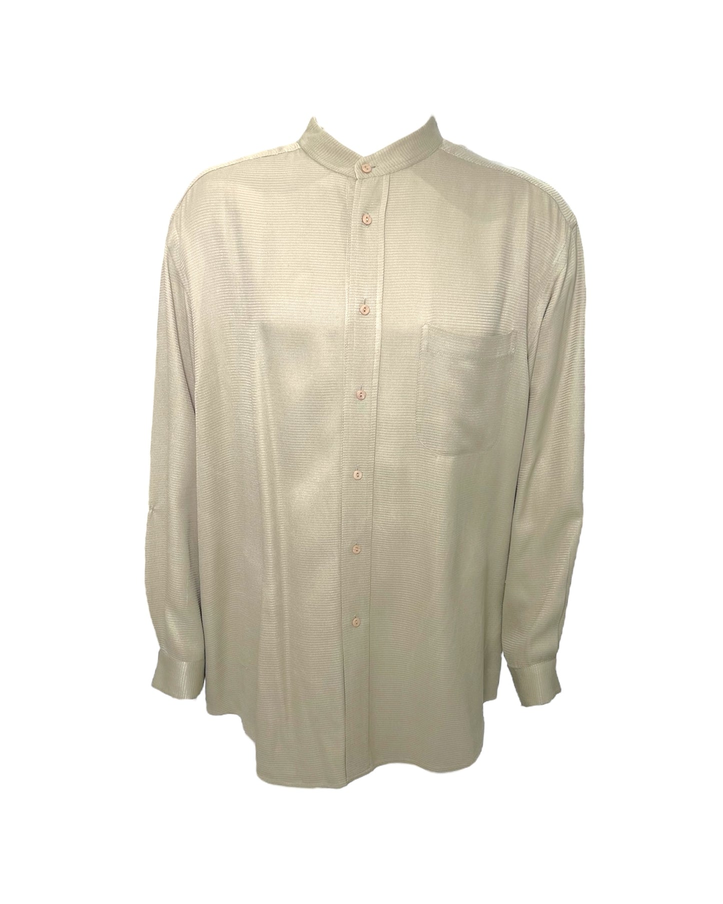 Vintage Green Silk Banded Collar Button-Up Top