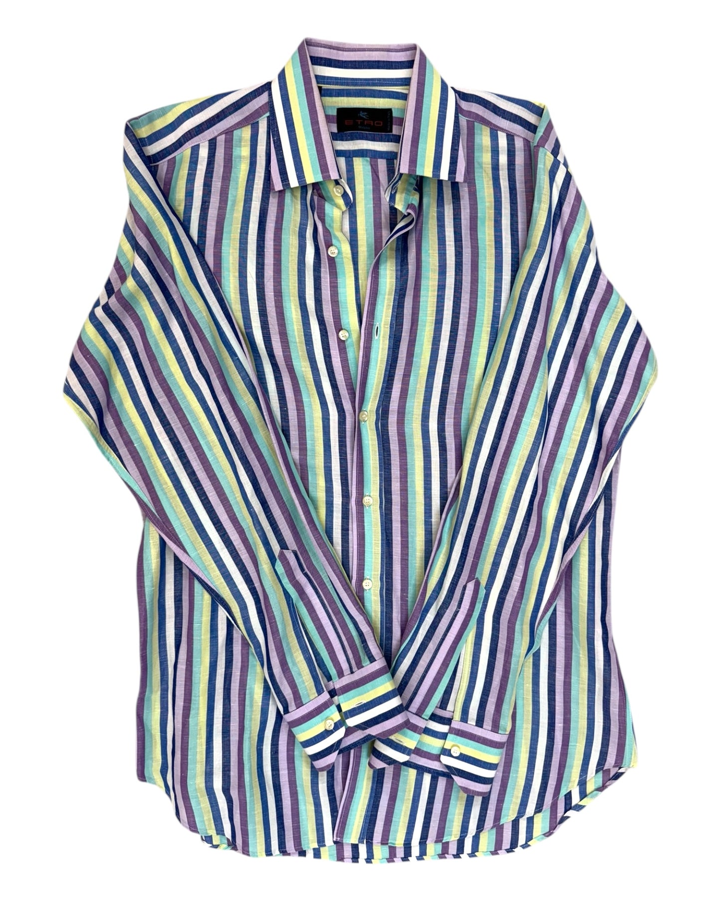 Vintage Etro Purple and Green Stripe Linen Button-Up Top