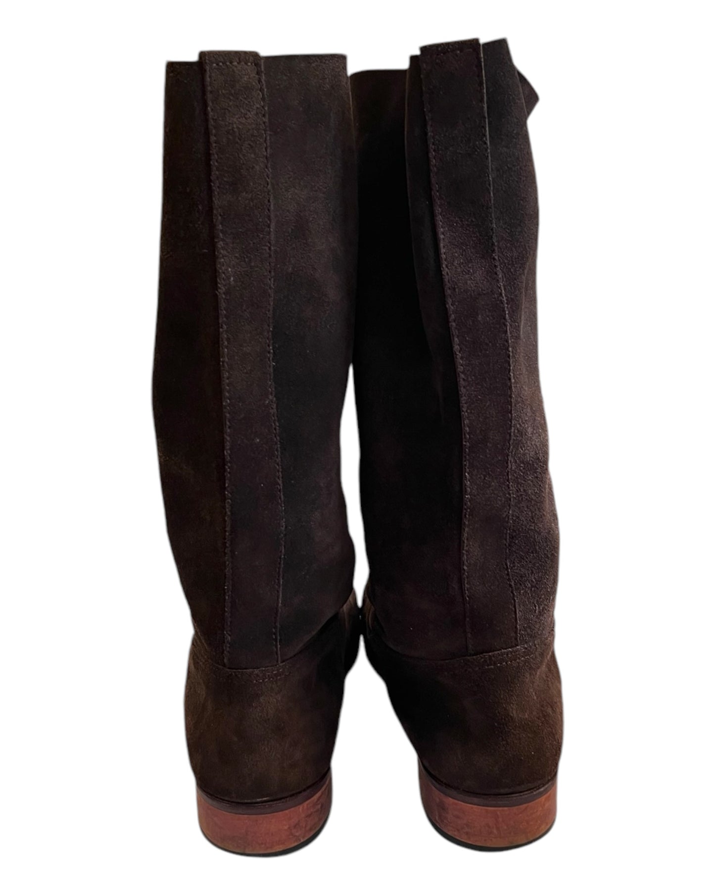 Vintage Chocolate Brown Suede Argentine Riding Boots. Features rounded toe and are mid to high calf height.