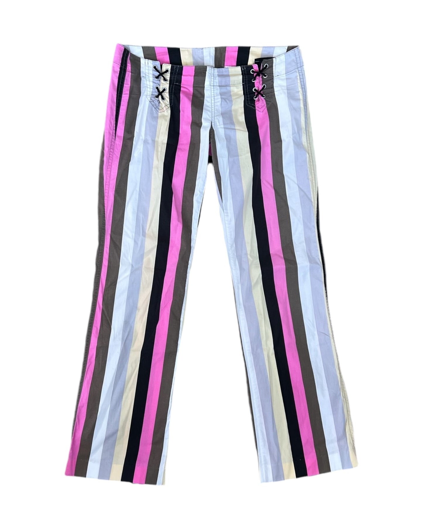 Vintage 2000s Diesel Pinstripe Low-Waist Trousers. Featuring dual lace up closures. Colors are pink, grey, black, blue, and beige.
